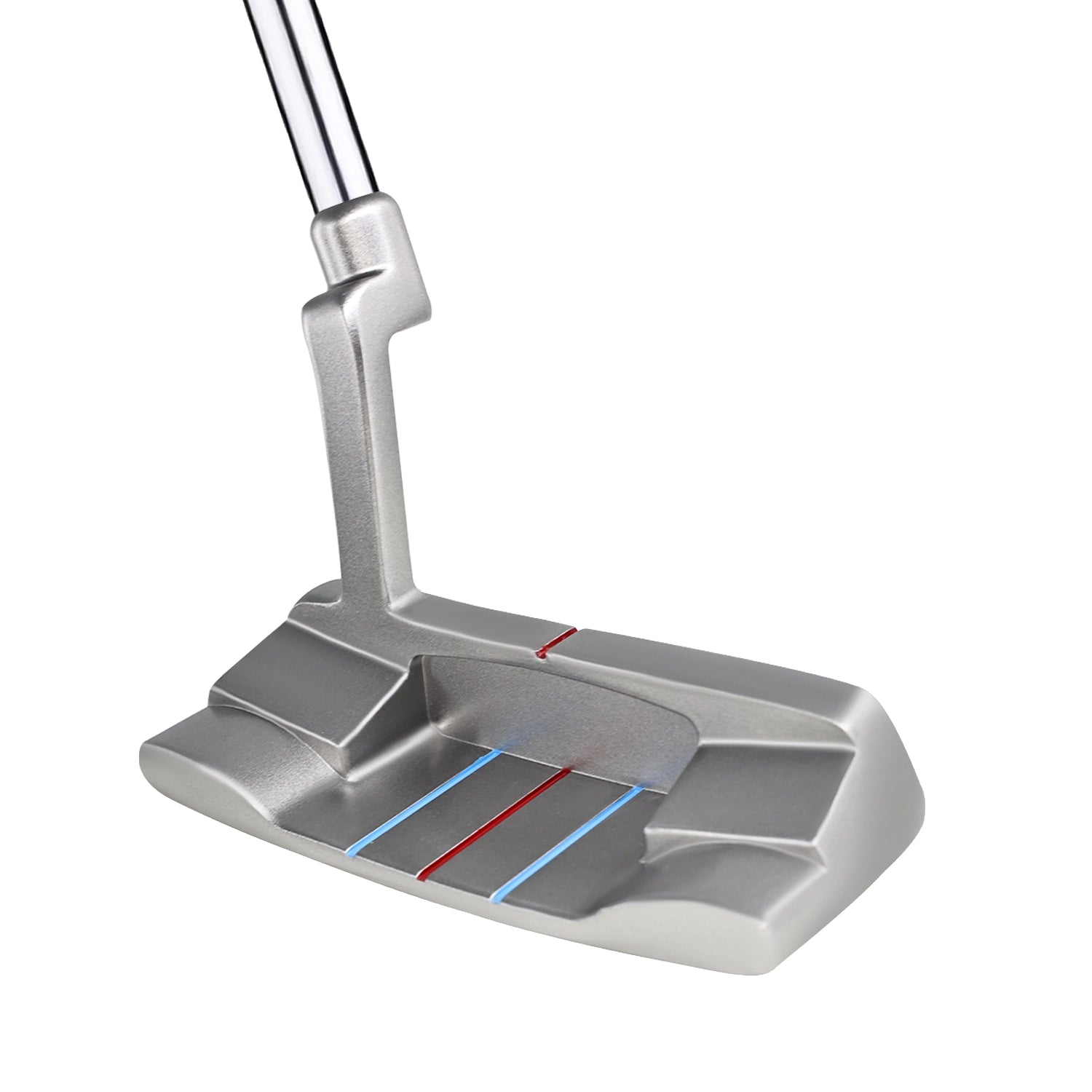 Triple alignment lines on blade putter for enhanced putting accuracy.