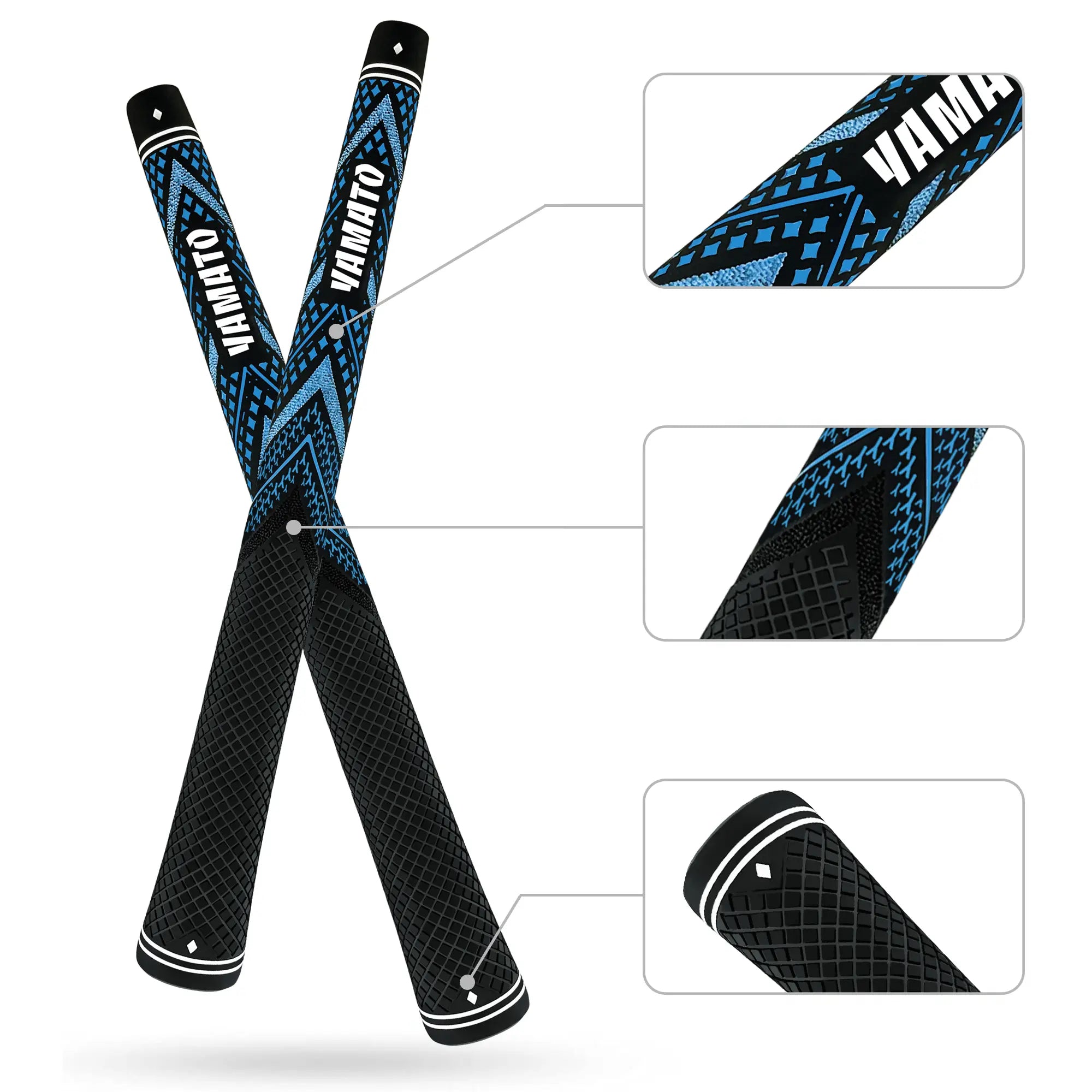 Yamato blue golf grip sliced view showing midsection, butt end, and top cap details