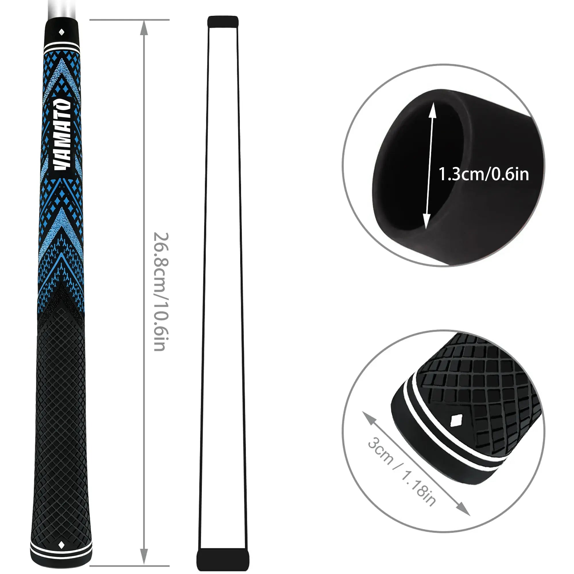 Size chart of Yamato blue golf grip with length and core diameter measurements