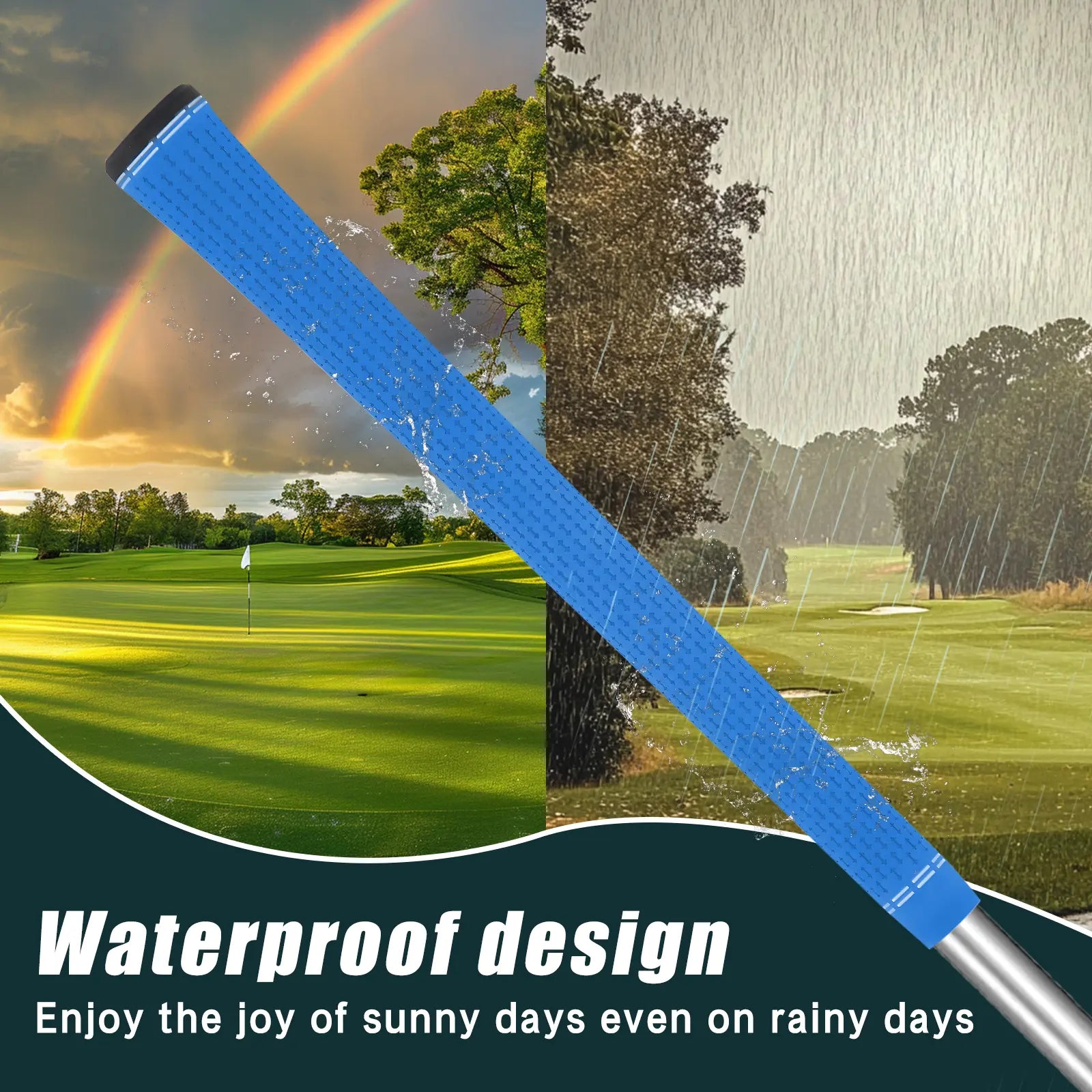Yamato blue golf grips showing waterproof performance in rainy conditions – reliable all-weather grip.