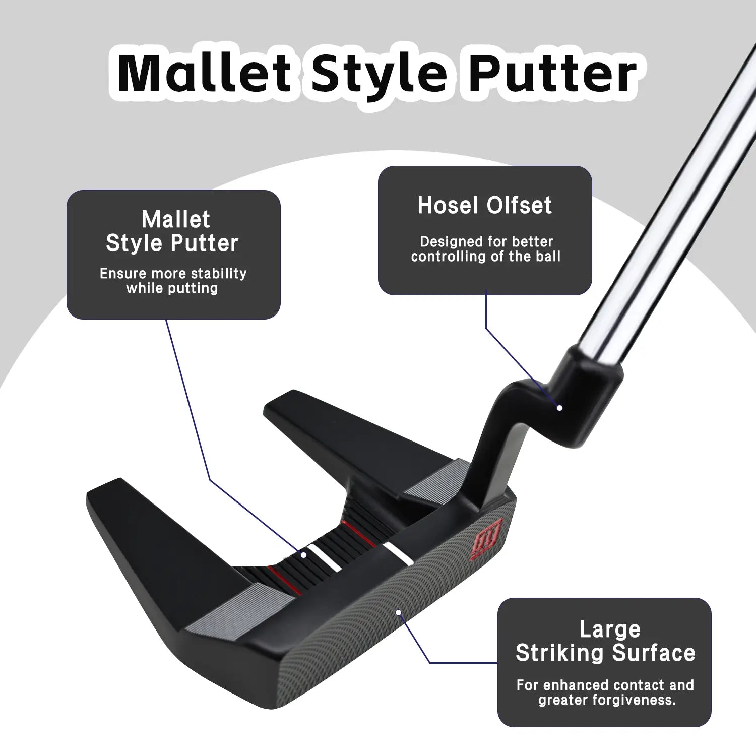 Close-up of Yamato putter's offset hosel design for improved ball control and face alignment.
