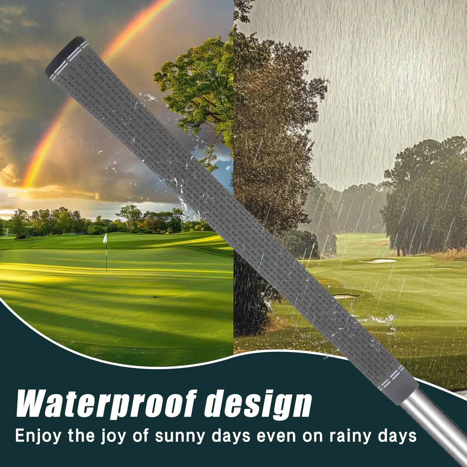 Yamato gray golf grips showing waterproof performance in rainy conditions – reliable all-weather grip.