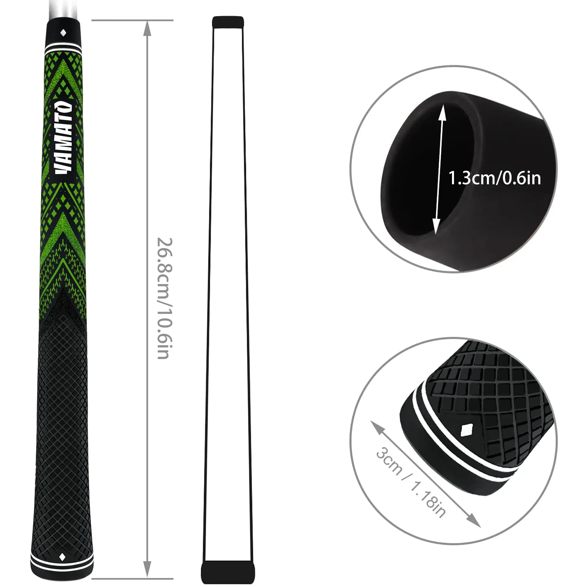 Size chart of Yamato green golf grip with length and core diameter measurements