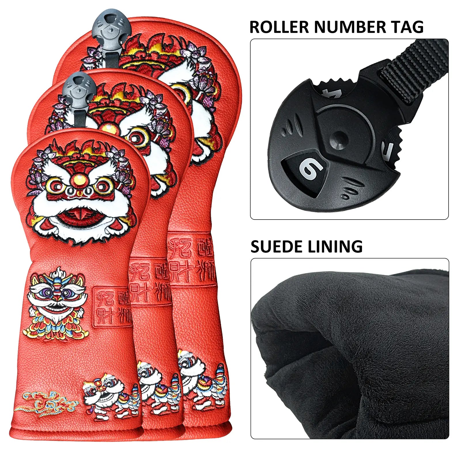 Rotating number tag on Yamato red lion golf club head cover for club identification