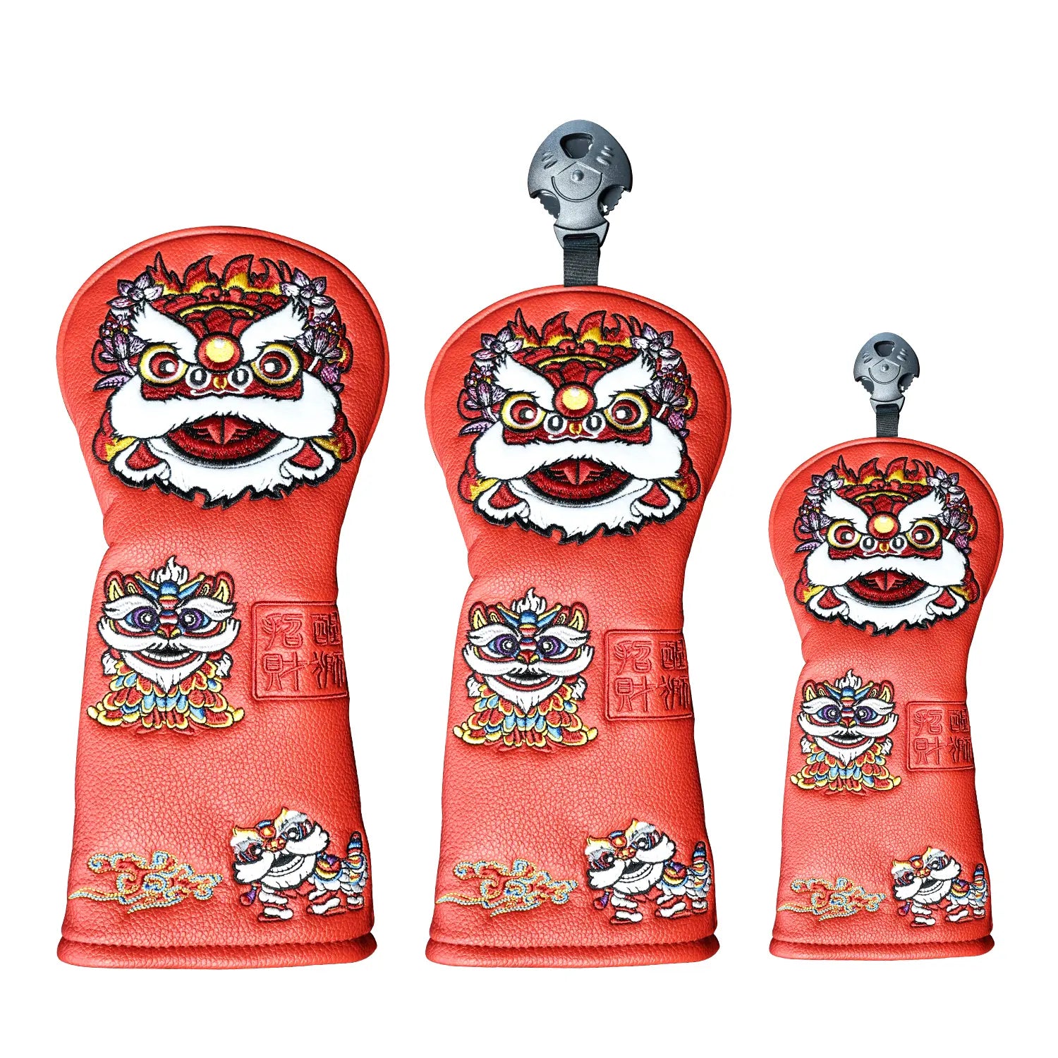 3-piece set display of Yamato red lion golf head covers