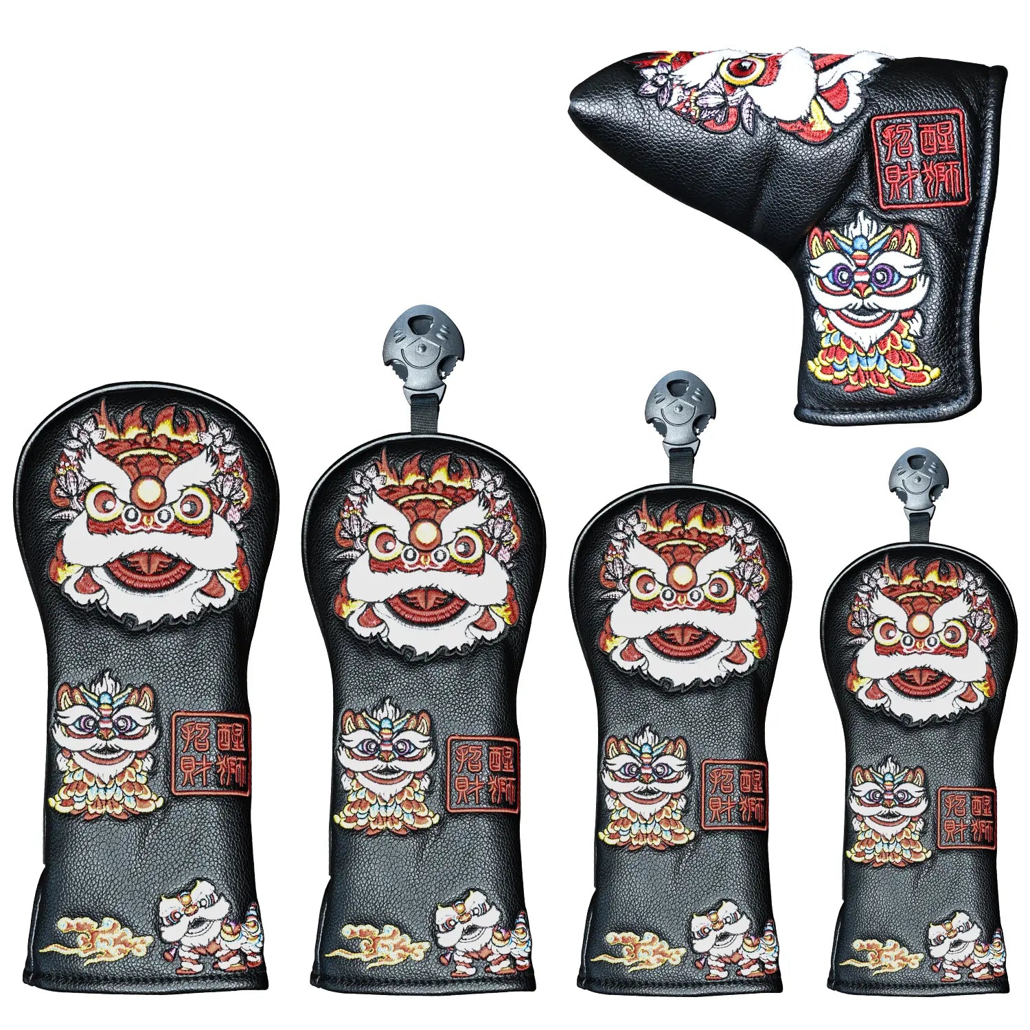 Full set of Yamato lion golf head covers in black Dura-Leather, front view