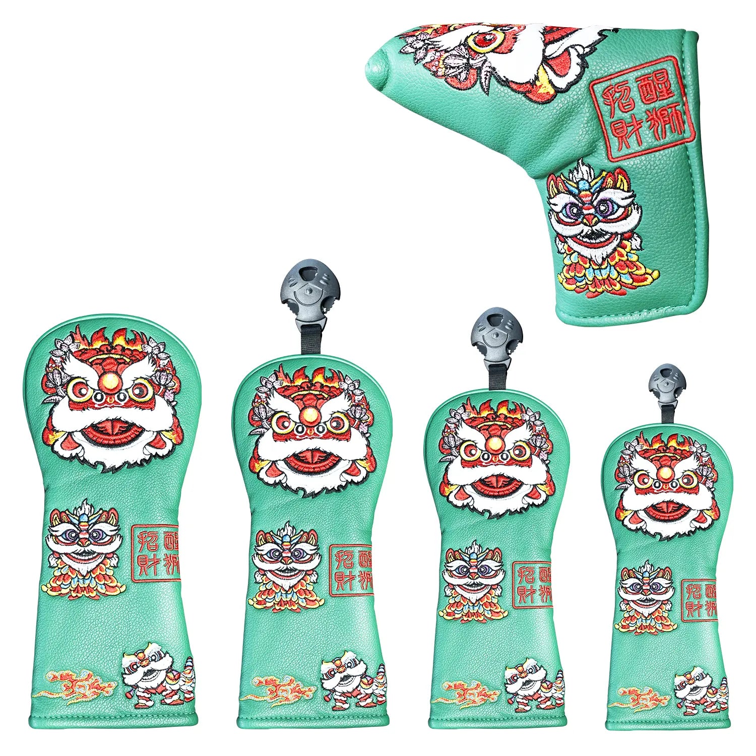 Full set of Yamato lion golf head covers in green Dura-Leather, front view