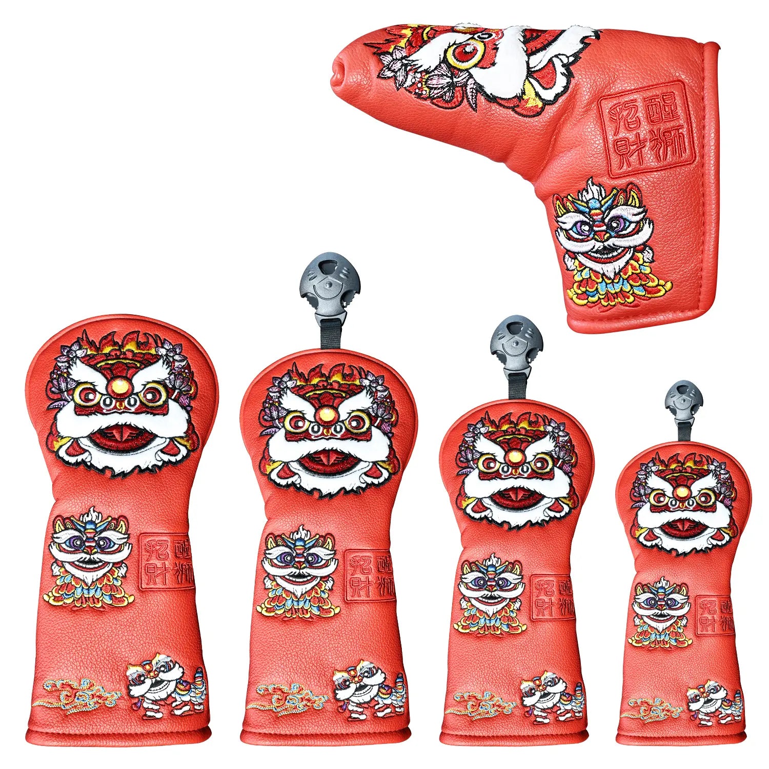 Full set of Yamato lion golf head covers in red Dura-Leather, front view