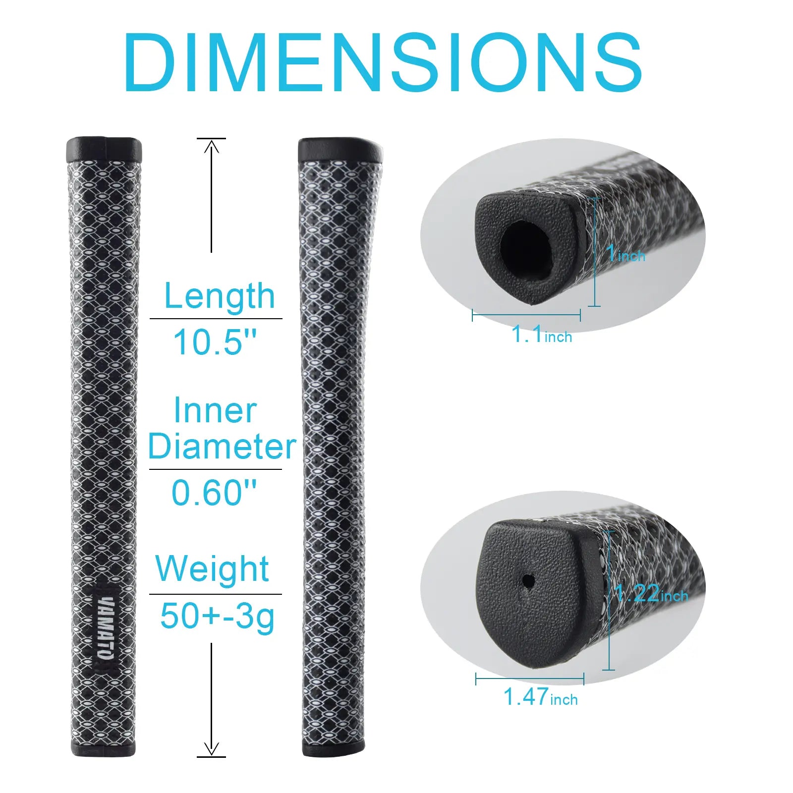 Dimensions of Yamato putter grip: 10.5″ length, 0.60″ core, 50 g weight