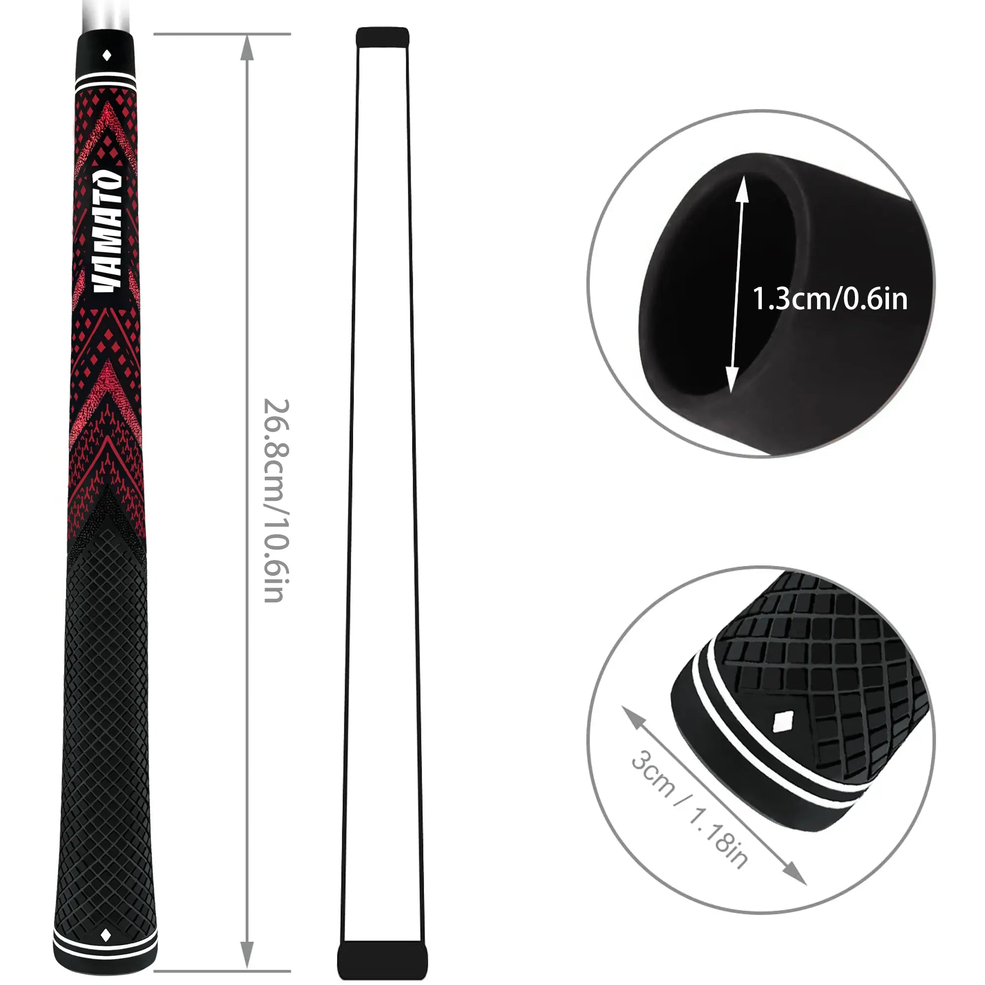 Size chart of Yamato red golf grip with length and core diameter measurements