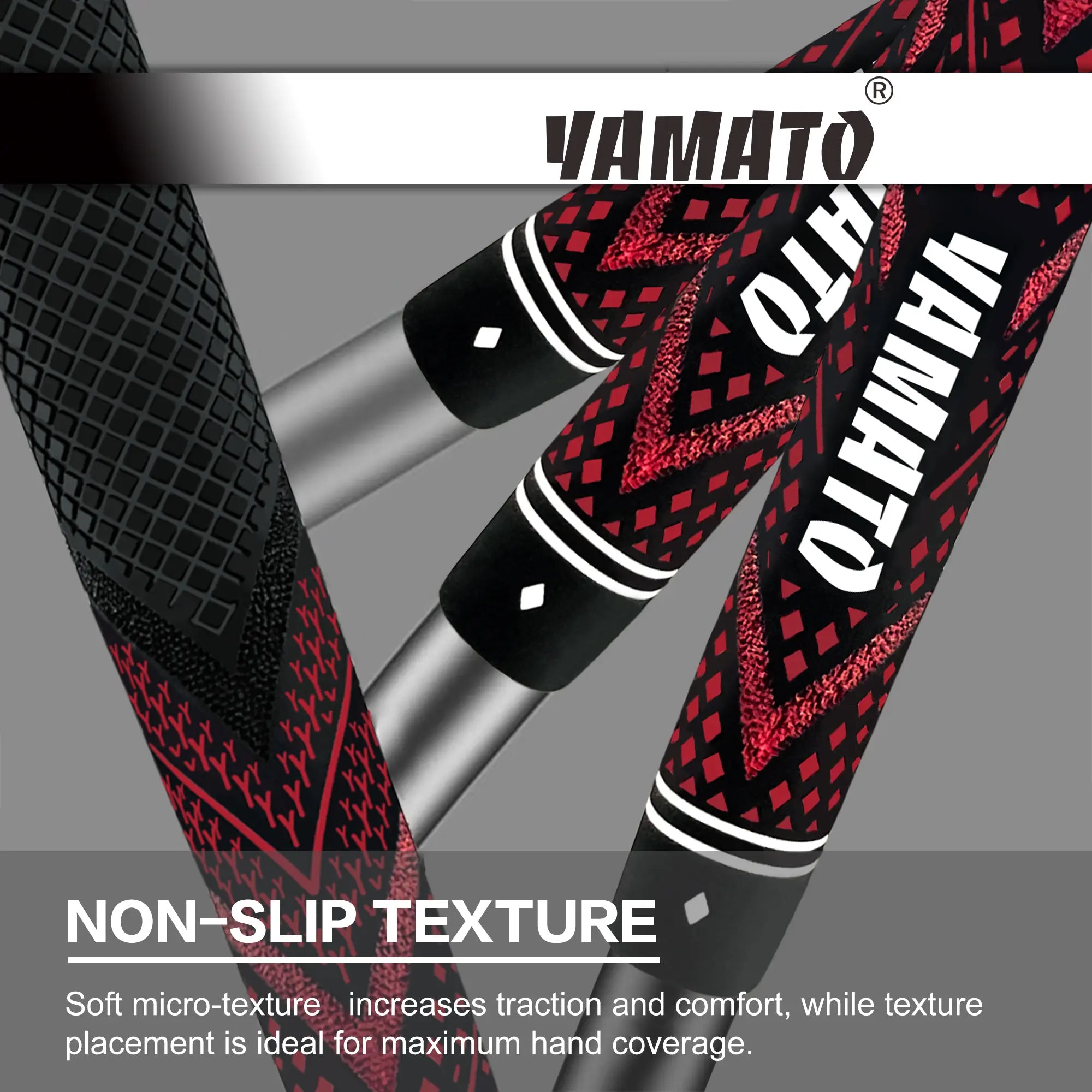 Close-up of Yamato red golf grip texture, non-slip pattern for secure grip in all conditions