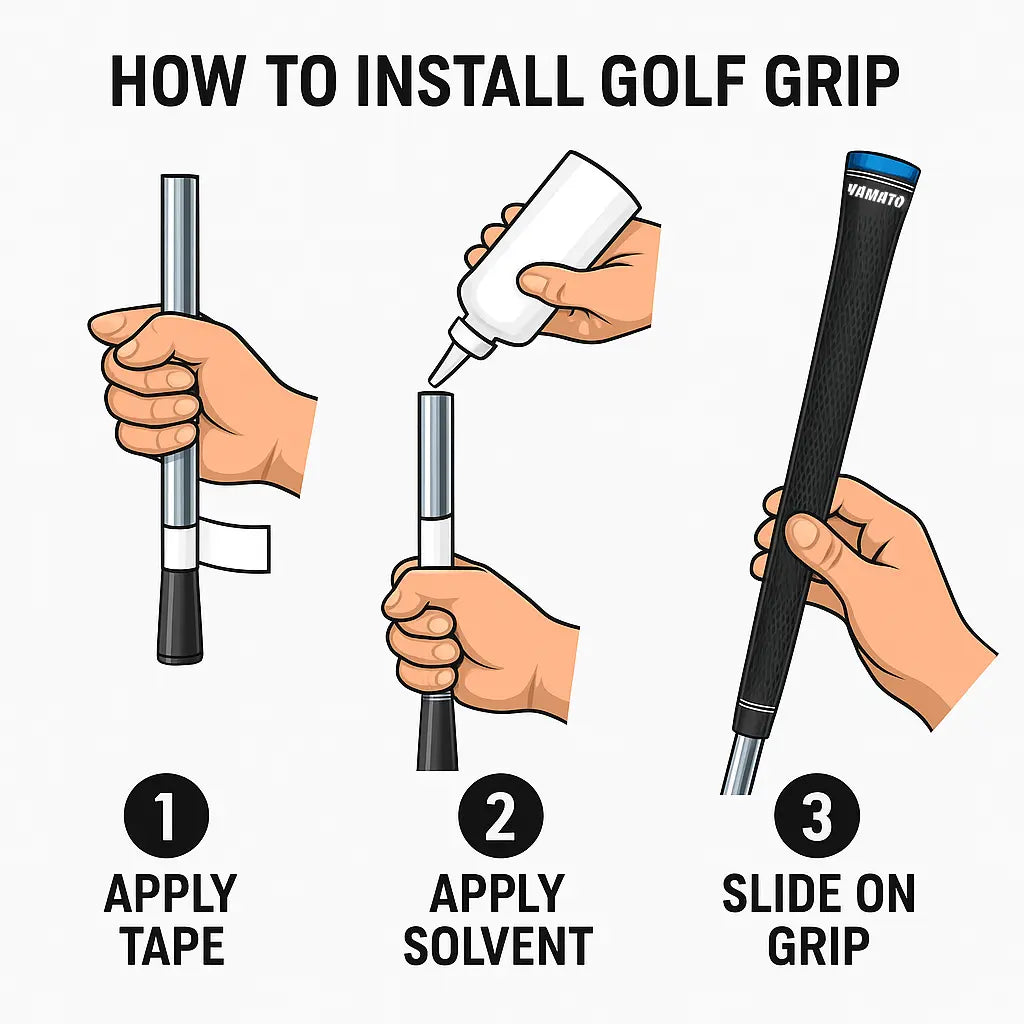 Step-by-step installation guide showing how to fit Yamato rubber grip onto a golf club shaft.