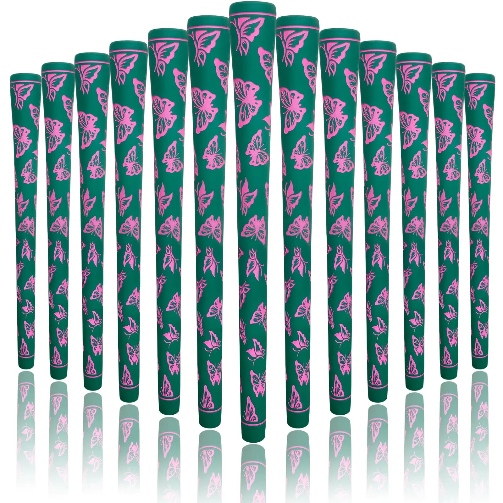 Front view of Yamato women's green pink butterfly golf grips 13-pack