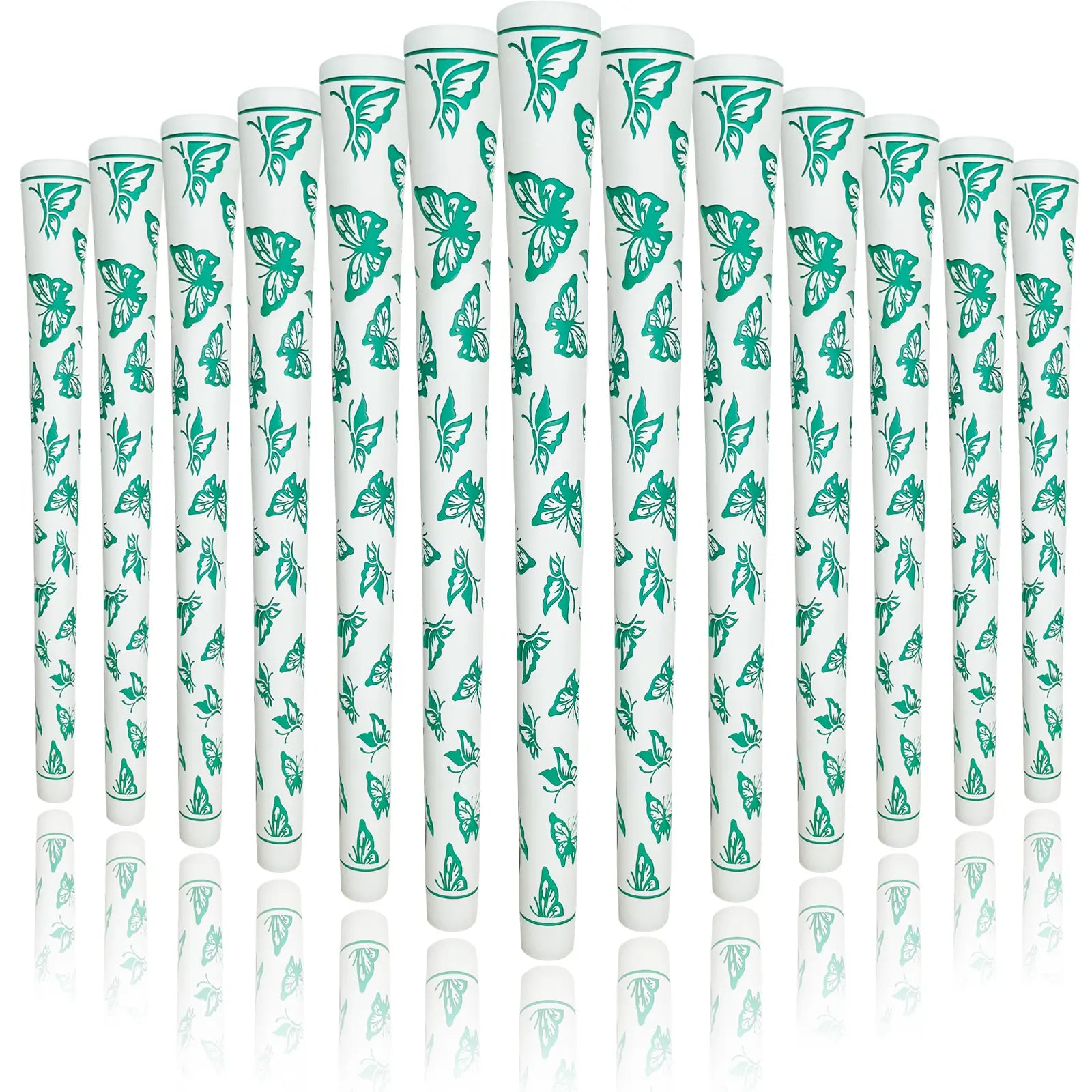 Front view of 13-pack Yamato women's golf grips white green butterfly