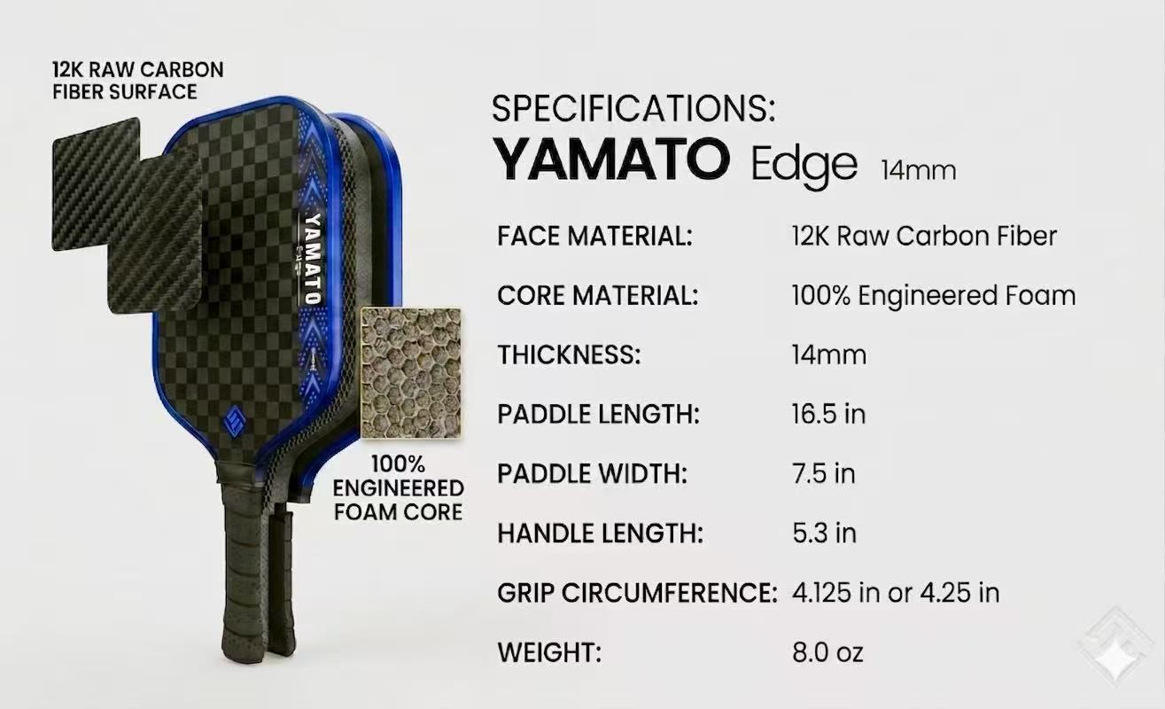 YAMATO Edge Raw Carbon Fiber Pickleball Paddle (Blue) - 12K Toray Carbon Face, 100% Engineered Foam Core, Elongated Thermoformed Control Racket (14mm / 16mm Available)
