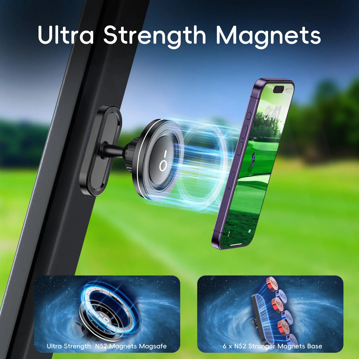 Yamato Magnetic Golf Cart Phone Mount – Ultra Strong N52 Magnet 360° Rotating Aluminum Alloy Holder for iPhone & All Smartphones