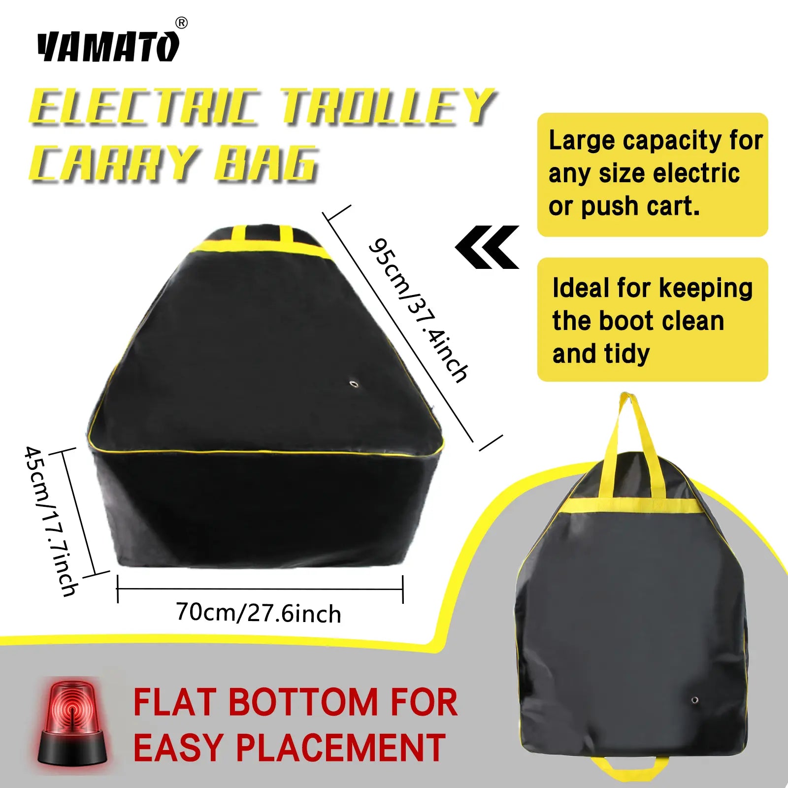Yamato trolley storage bag dimensions (17.7"x27.6""x37.4") shown with golf shoes for scale