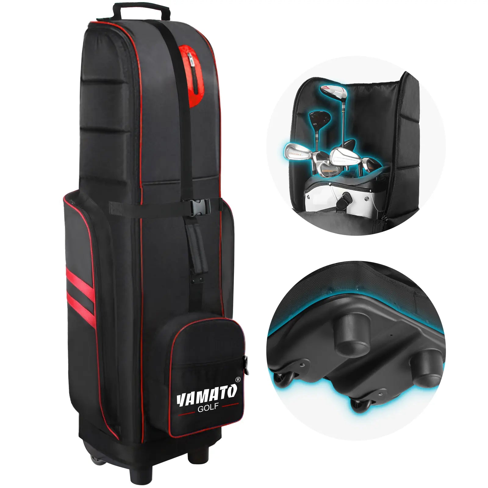 Yamato rolling golf travel bag with padded cover (black) – Heavy-duty wheels and waterproof protection for airline travel