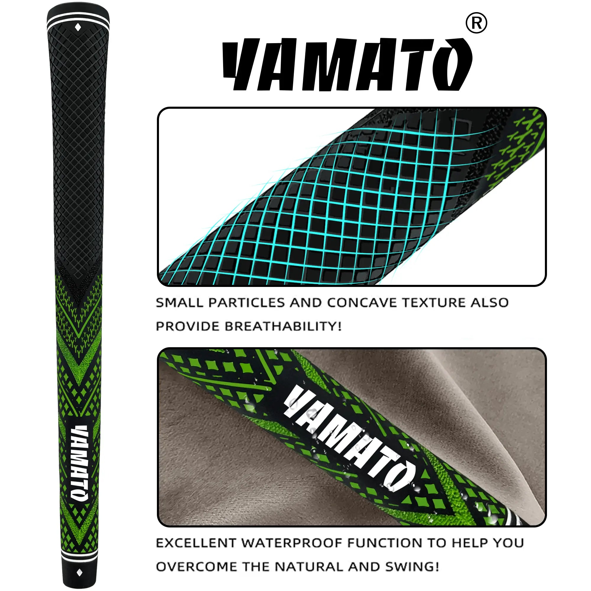 Collage of Yamato green golf grip showing texture pattern and embossed brand logo details