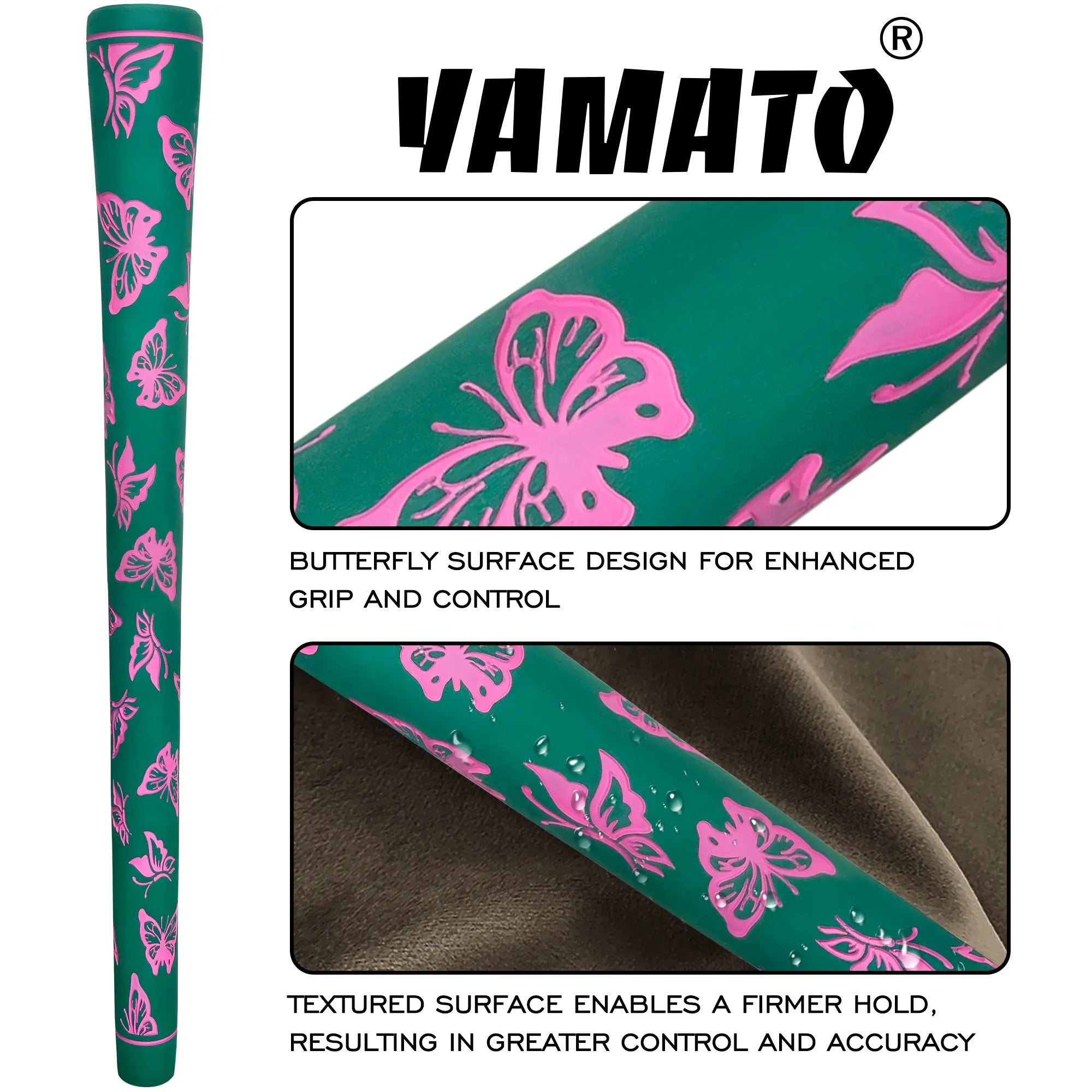 Yamato green with pink butterfly golf grip textured surface detail