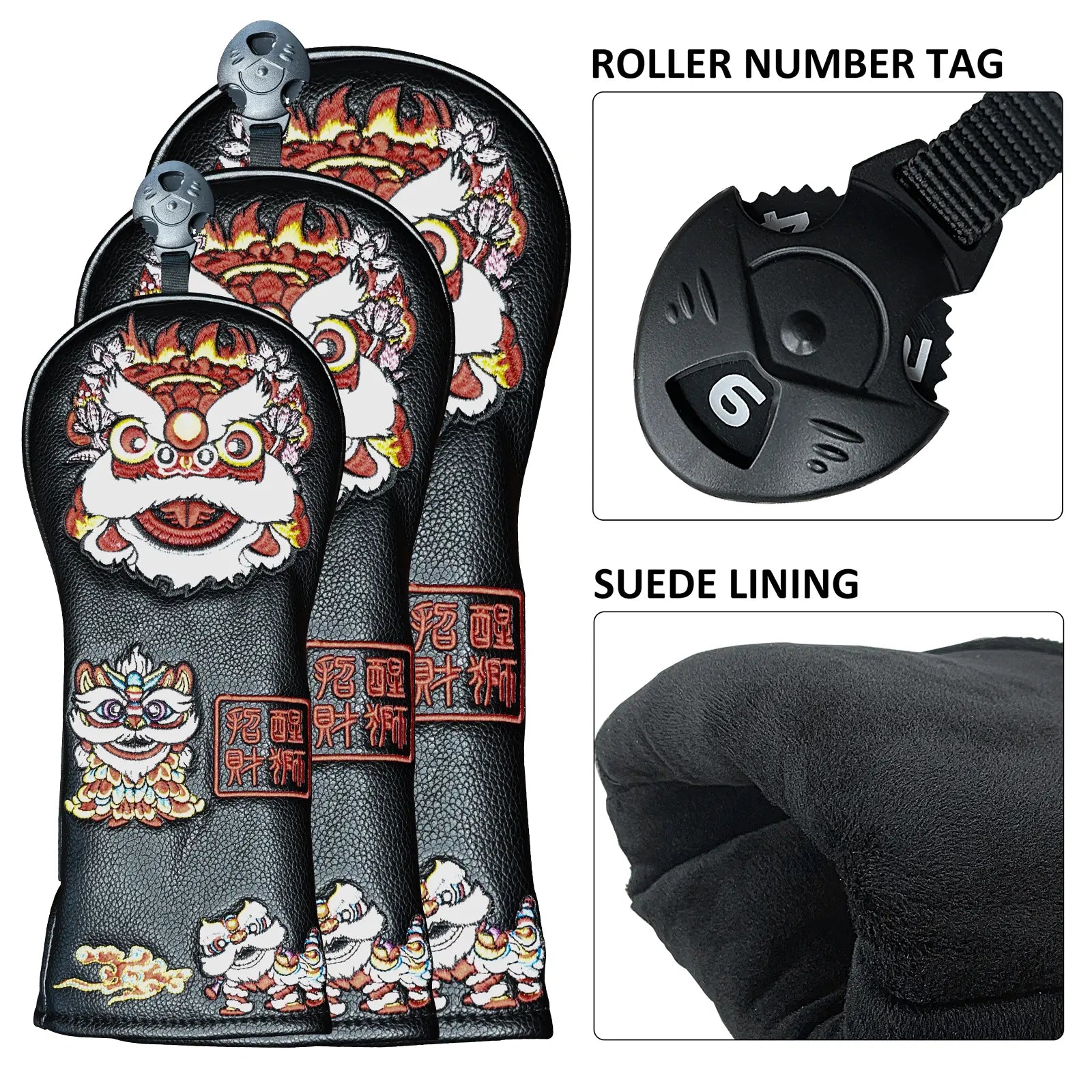 Rotating number tag on Yamato black lion golf club head cover for club identification