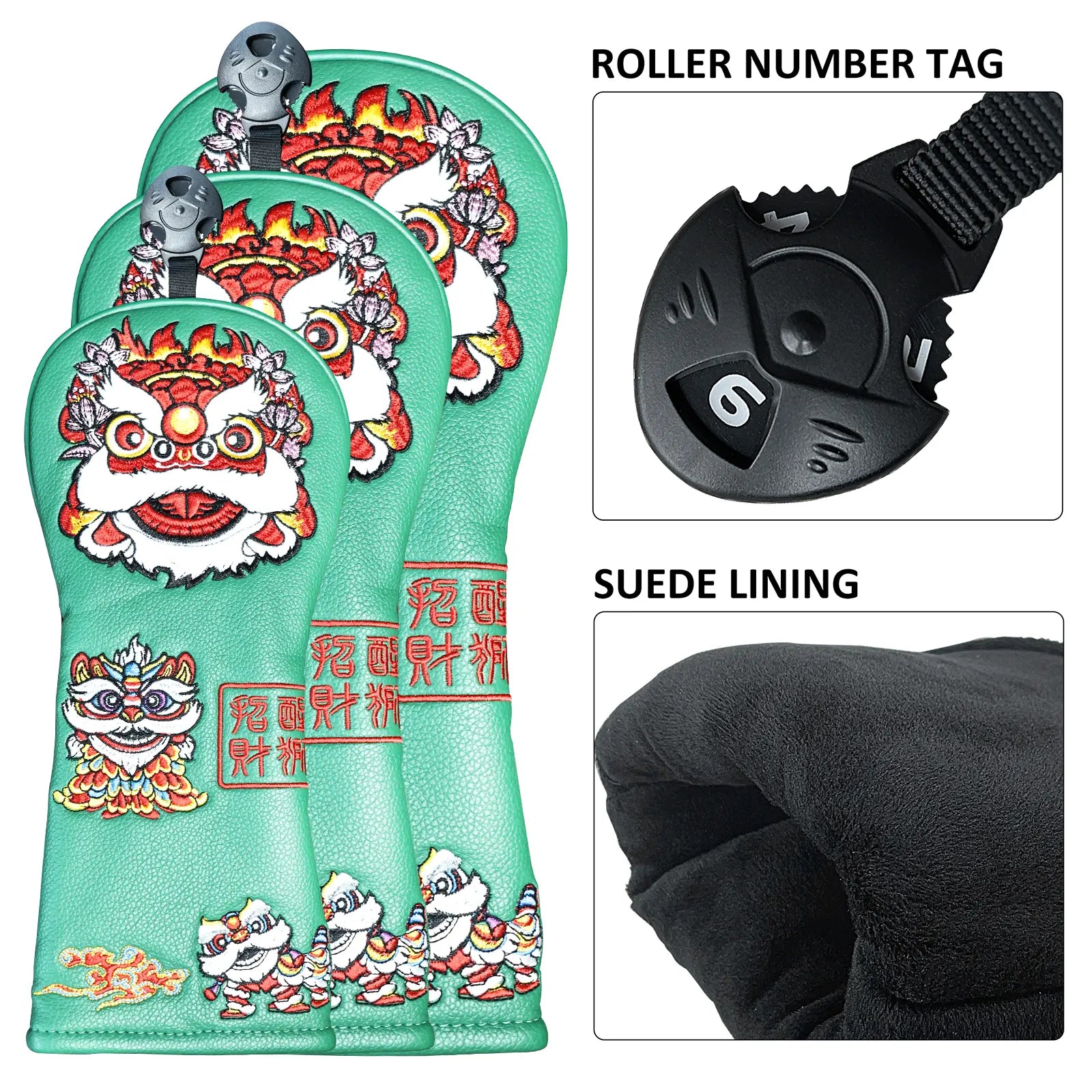 Rotating number tag on Yamato green lion golf club head cover for club identification