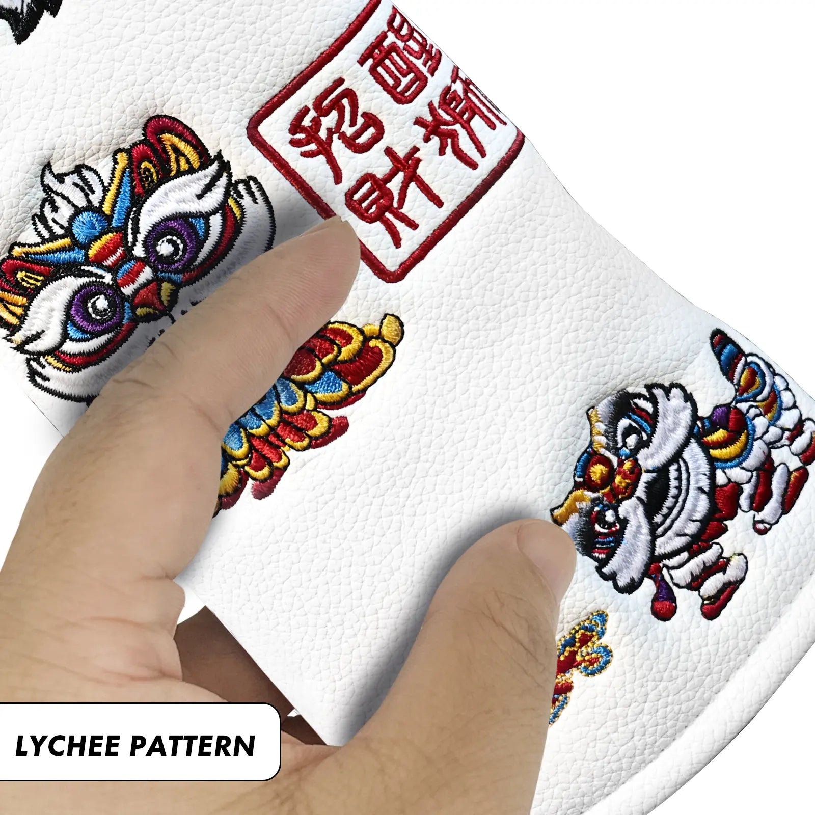 Detail view of durable Dura-Leather and velvet lining material on Yamato head cover