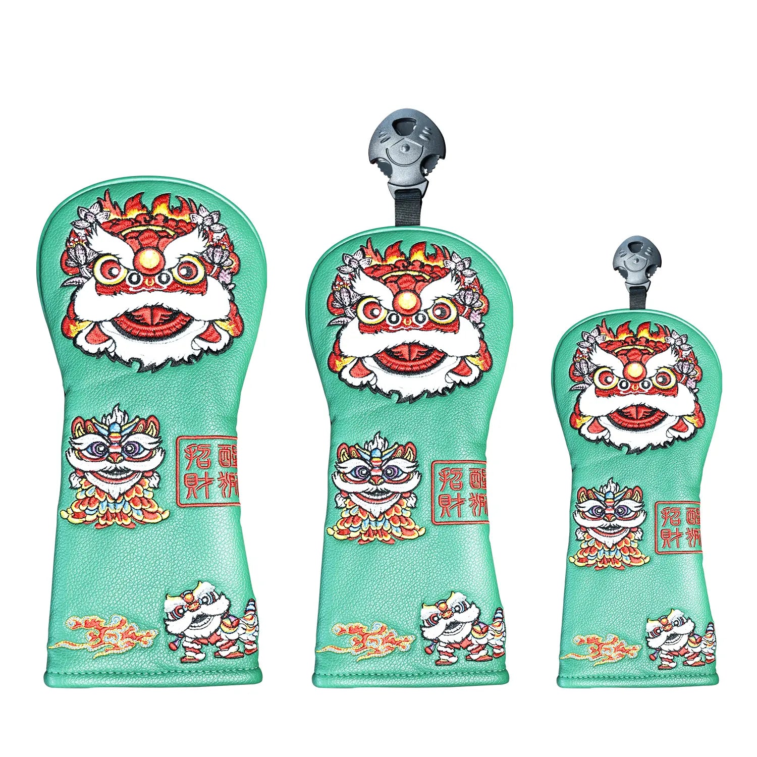 3-piece set display of Yamato green lion golf head covers
