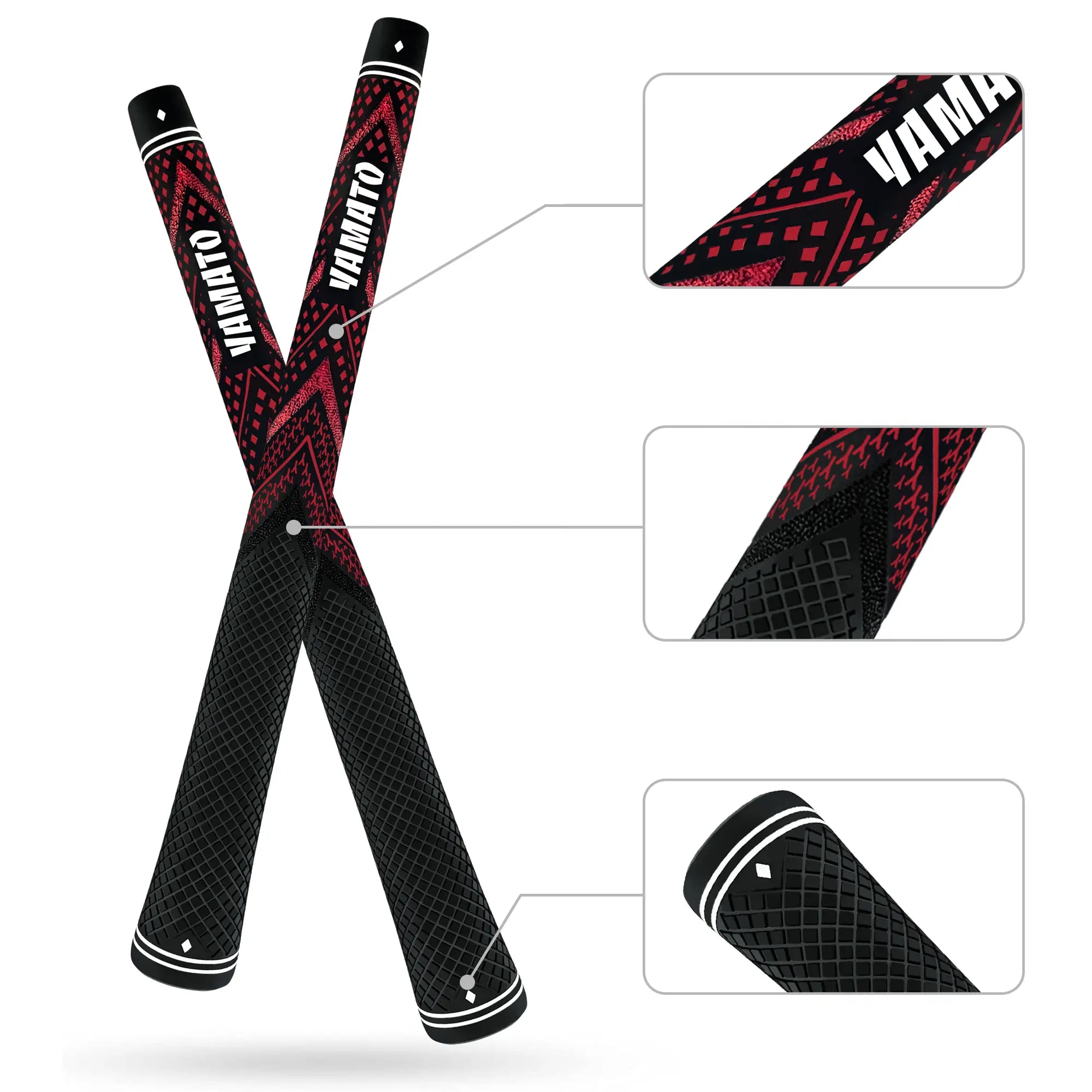 Yamato red golf grip sliced view showing midsection, butt end, and top cap details