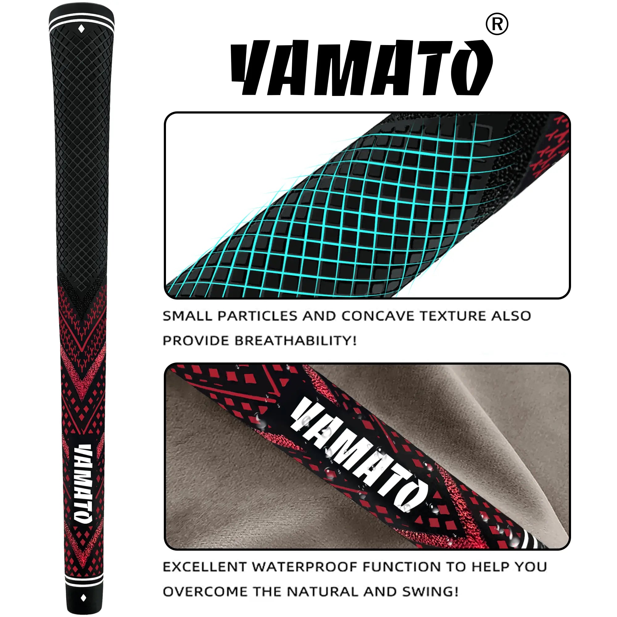 Collage of Yamato red golf grip showing texture pattern and embossed brand logo details