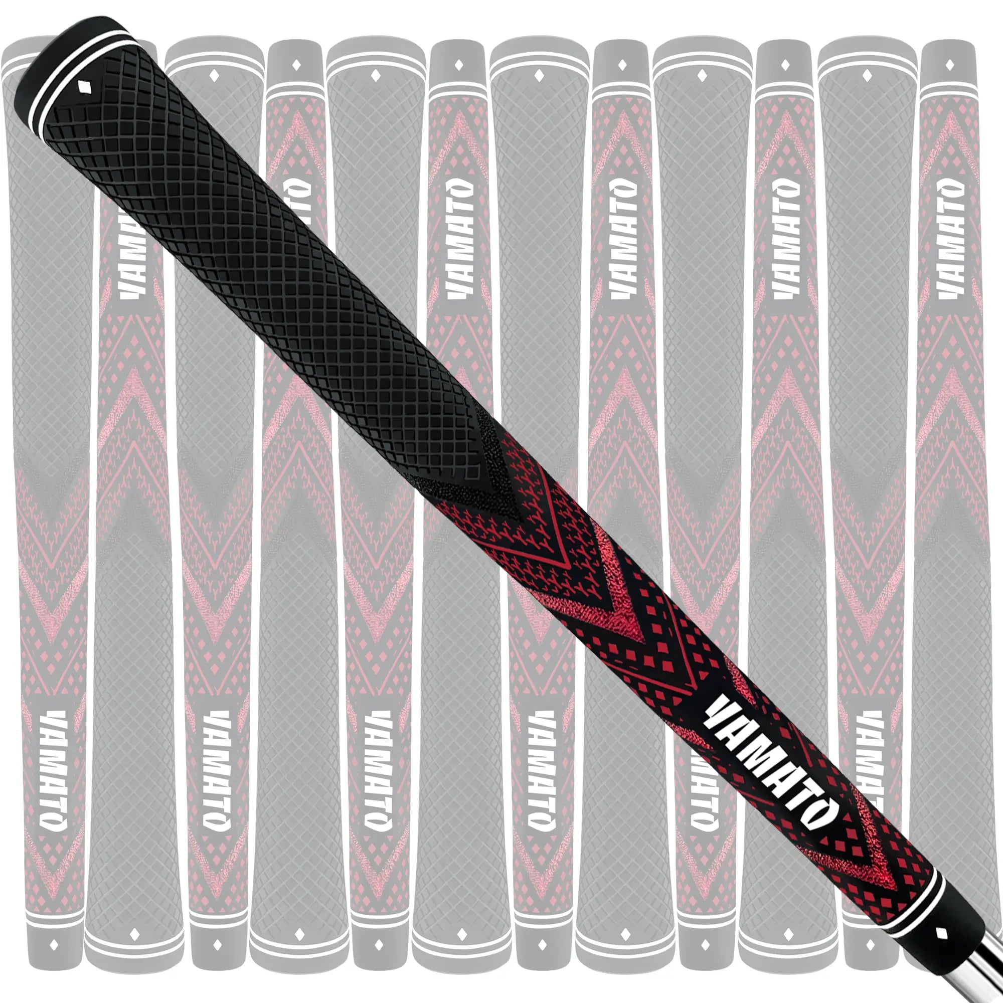 Angled view of Yamato red golf grips 13pcs set, non-slip texture for all-weather play