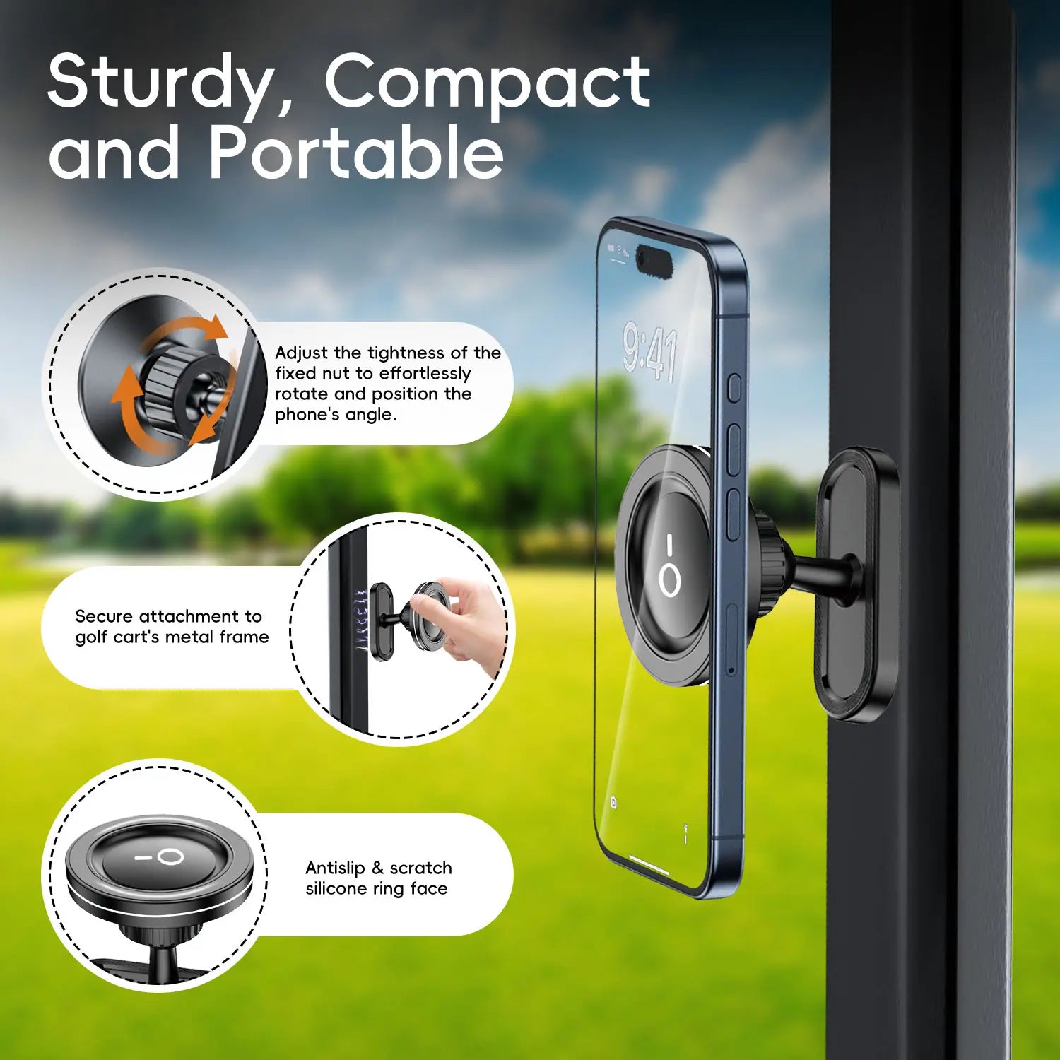Yamato Magnetic Golf Cart Phone Mount – Ultra Strong N52 Magnet 360° Rotating Aluminum Alloy Holder for iPhone & All Smartphones