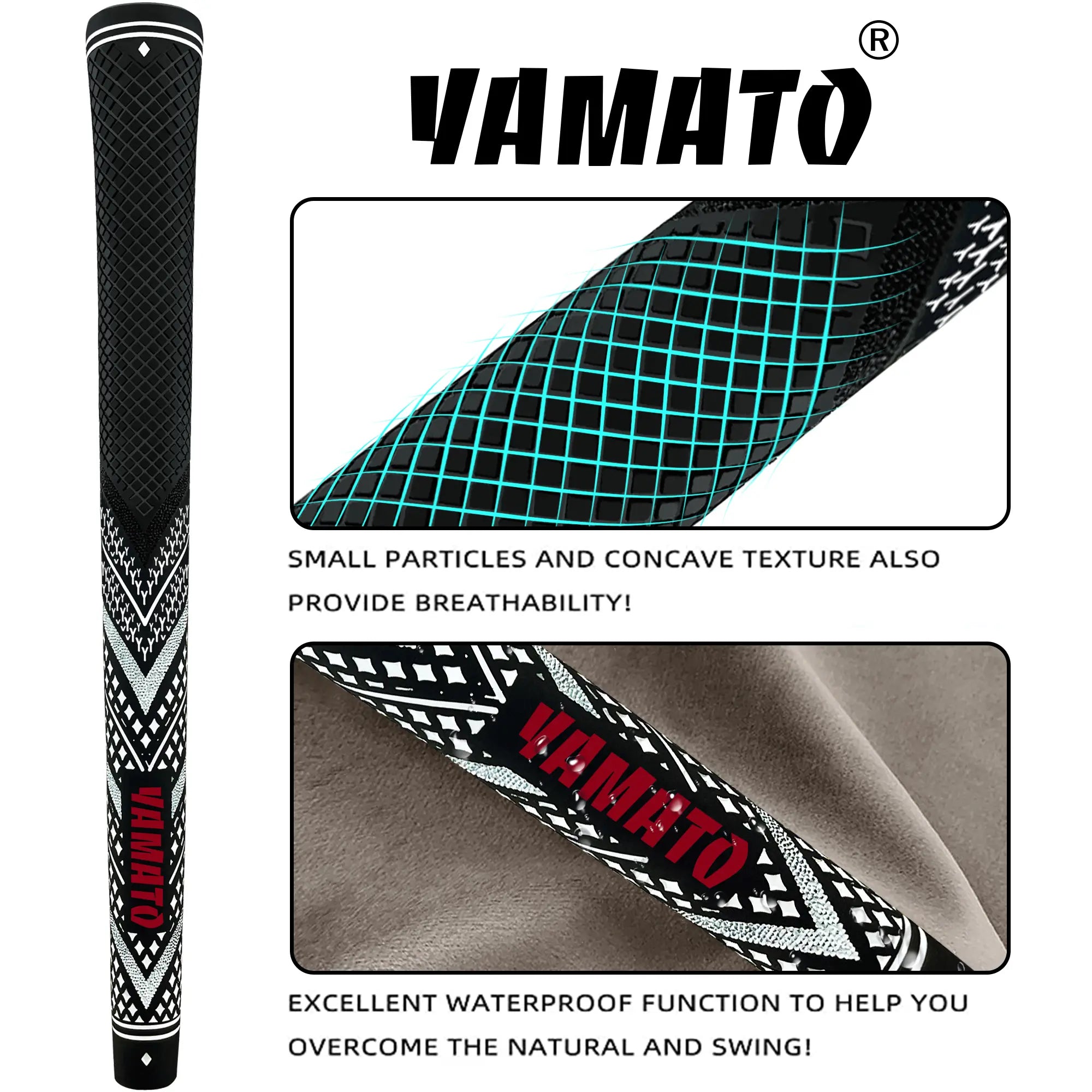 Collage of Yamato white golf grip showing texture pattern and embossed brand logo details