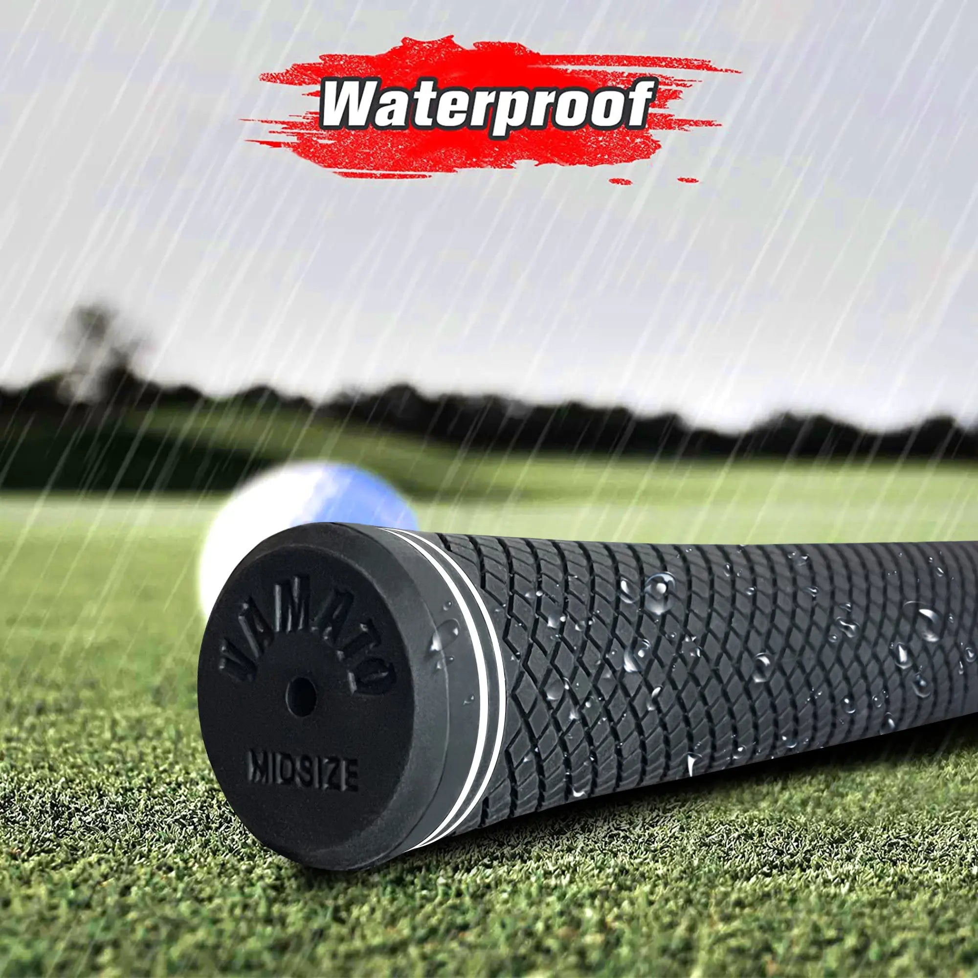 Yamato white golf grip on wet grass in rainy weather, showcasing waterproof all-weather performance