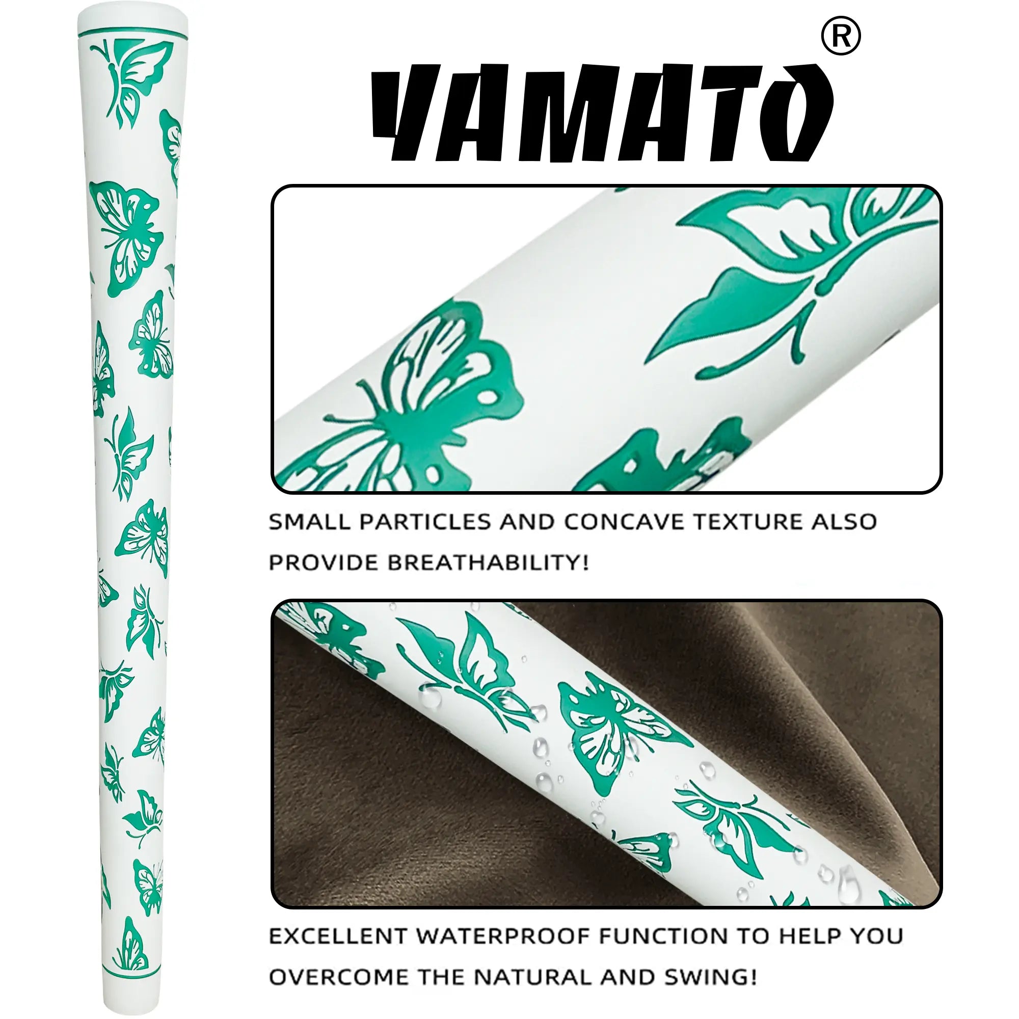 Yamato women's golf grip white green butterfly pattern, close-up texture detail