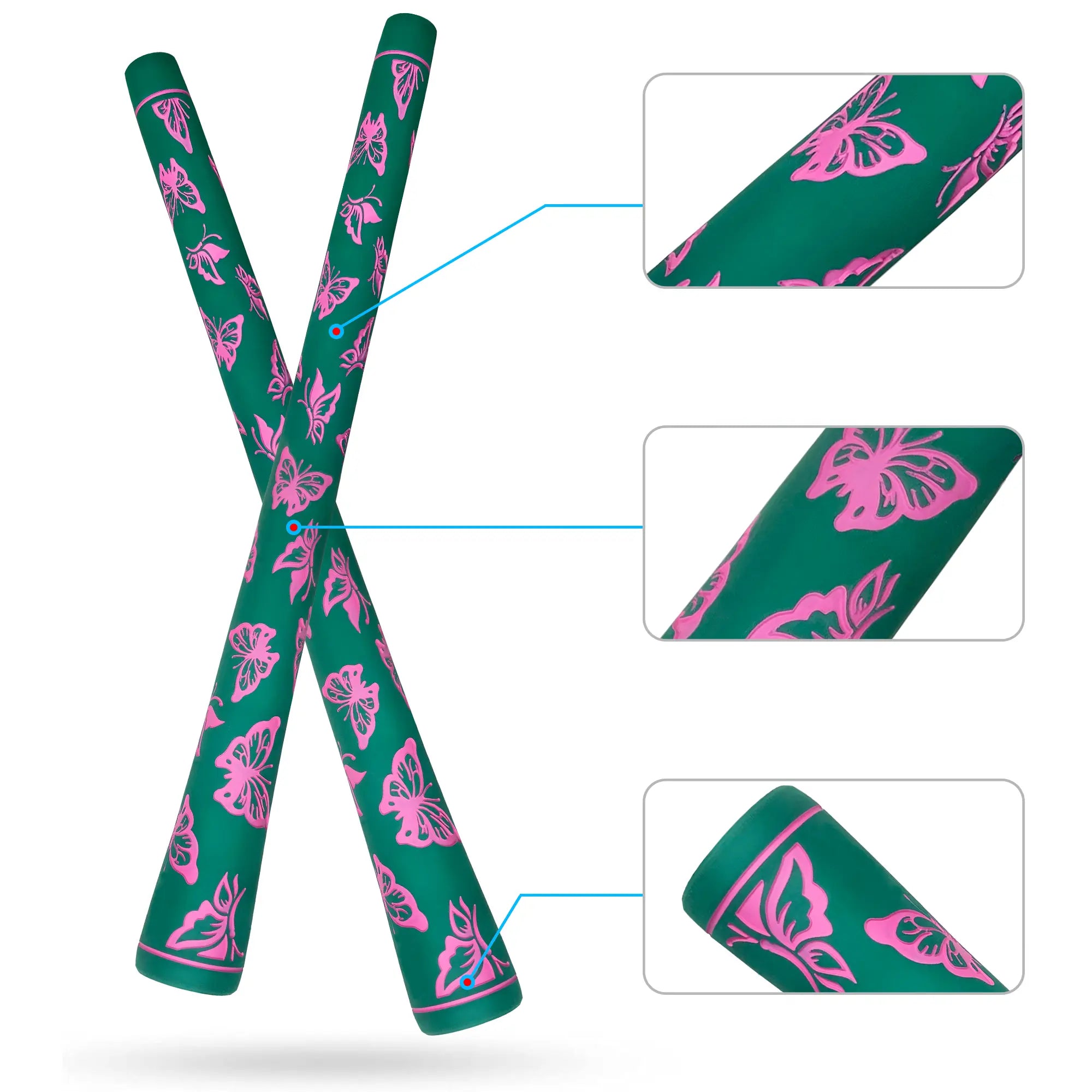 Close-up of three-segment design Yamato women's golf grip green pink butterfly