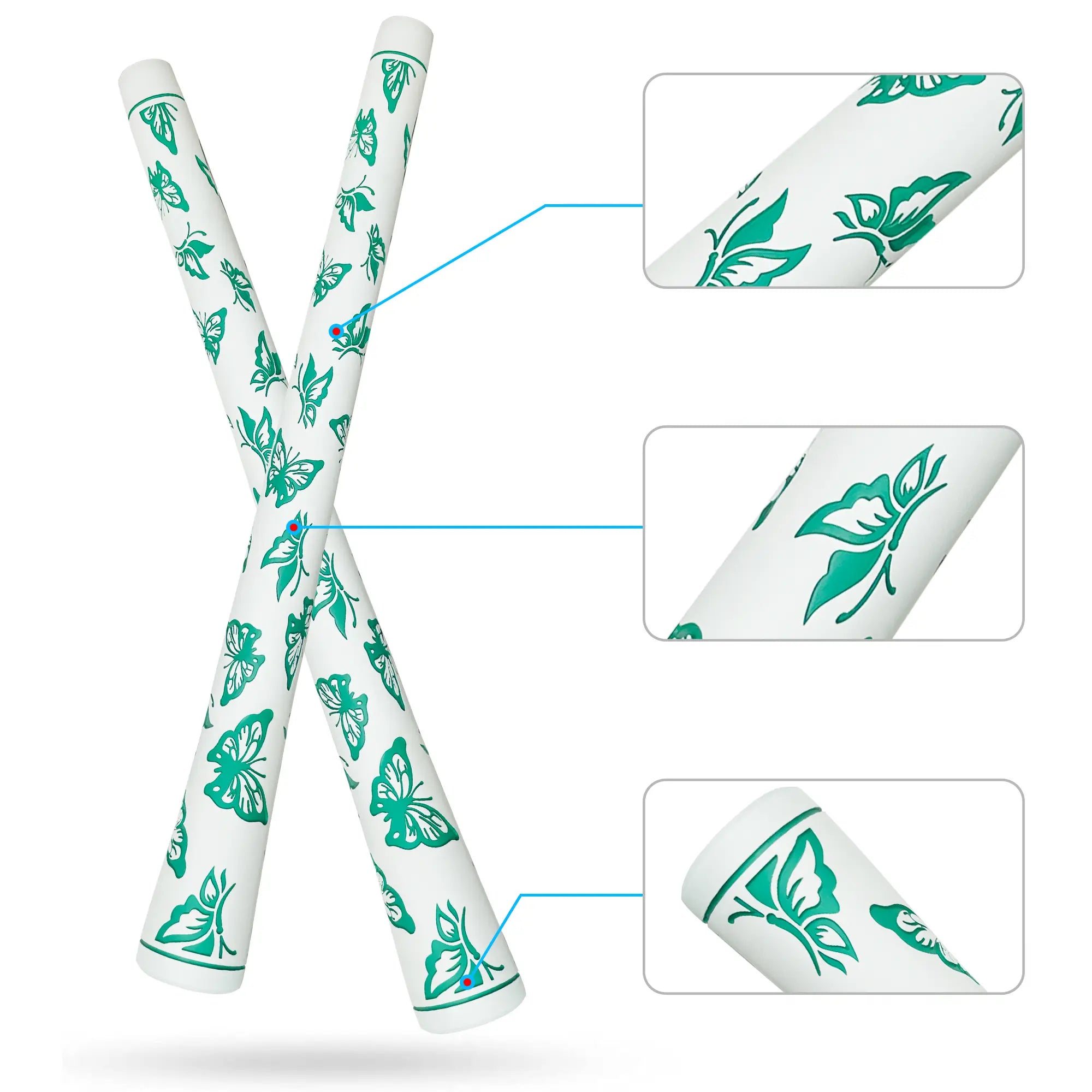 Close-up of three-segment design on Yamato women's golf grip white green butterfly