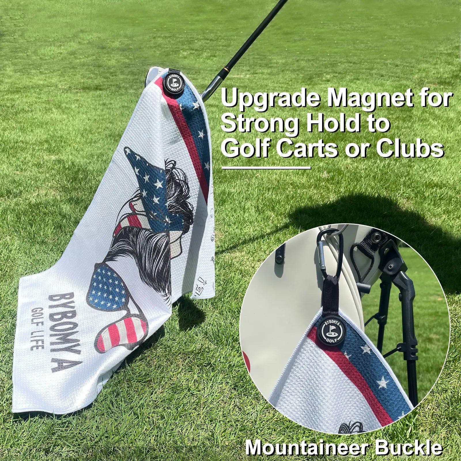 Close-up of Yamato magnetic golf towel, American flag pattern with strong magnet attachment and quick-dry detail.