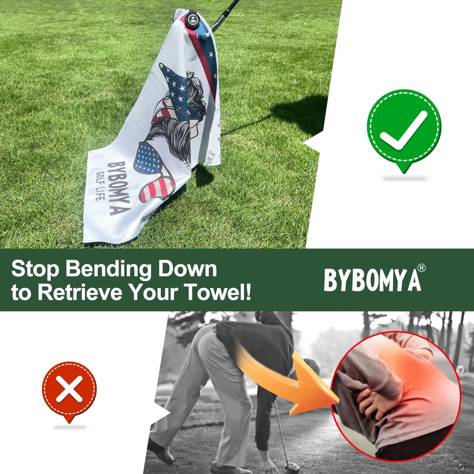 Yamato magnetic golf towel with American flag pattern allows golfers to pick up towel with club without bending down.