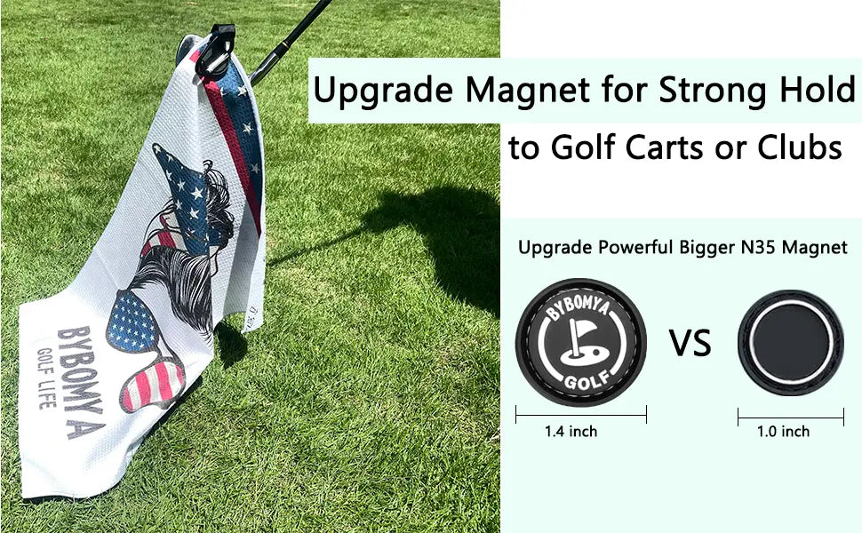 Wide view of Yamato magnetic golf towel with American flag pattern, left side showing on-course use, right side showing strong magnet front and back.