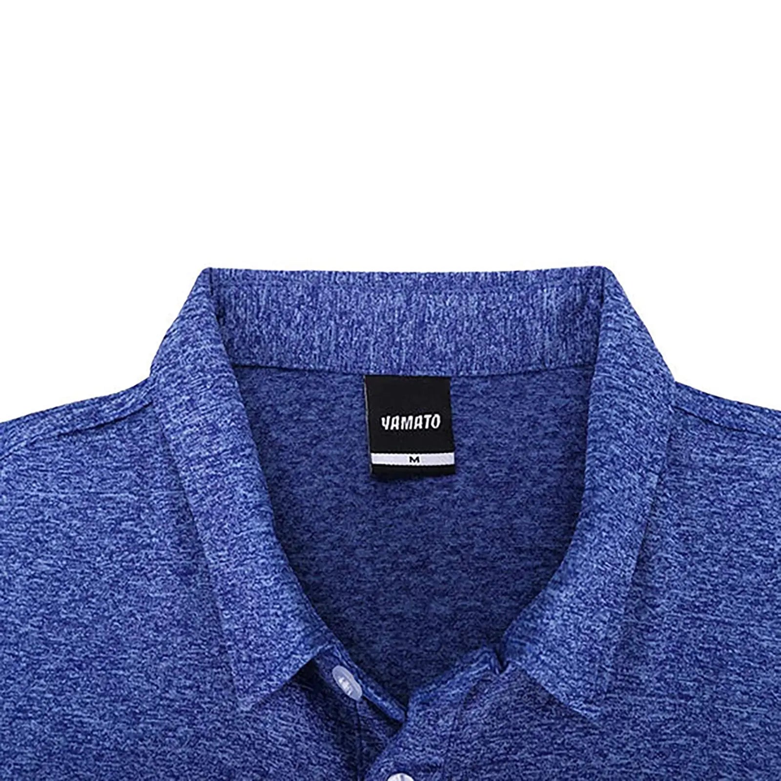 Close-up of brand label inside Yamato Men's Slim Fit Golf Polo in blue.
