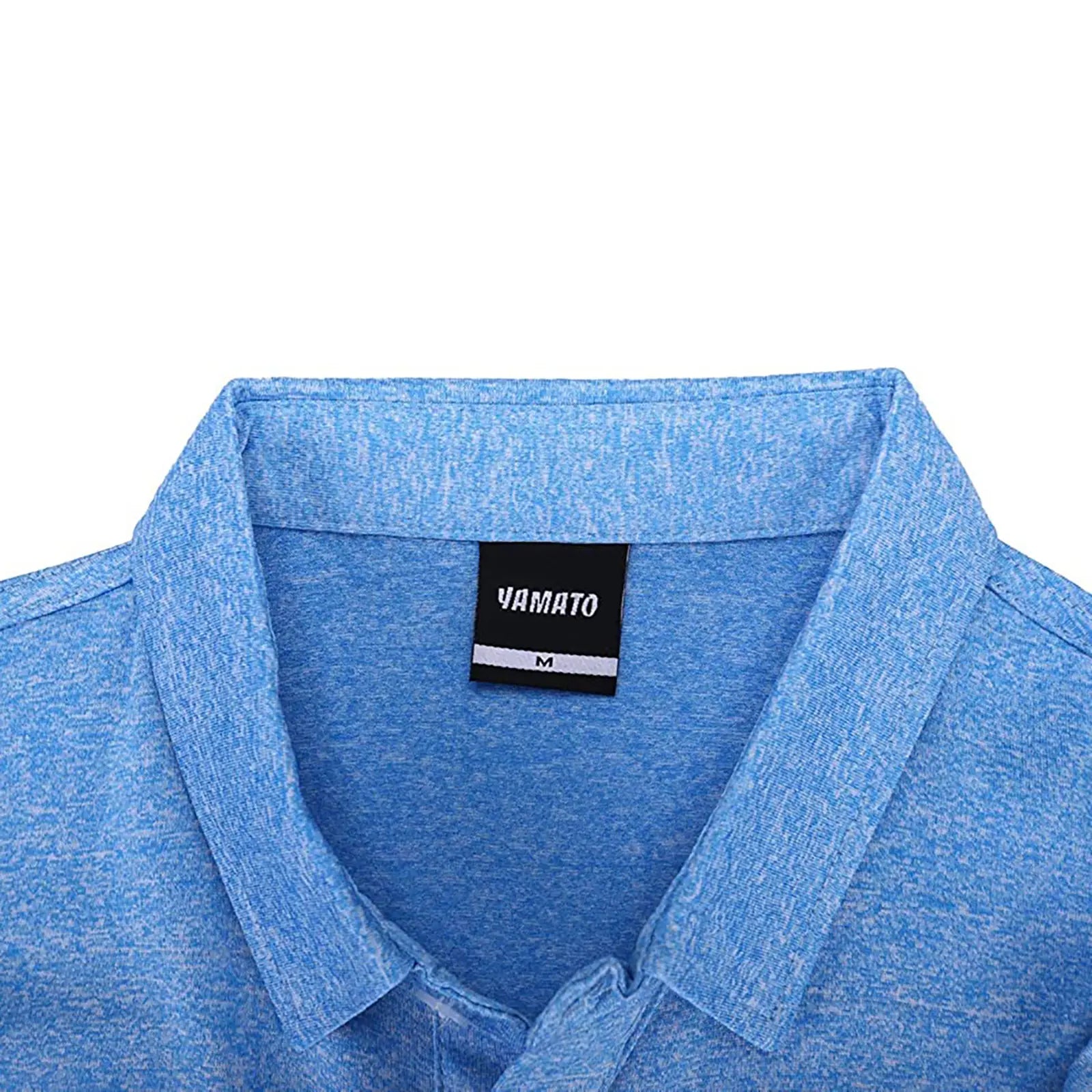 Close-up of brand label inside Yamato Men's Slim Fit Golf Polo in light blue.