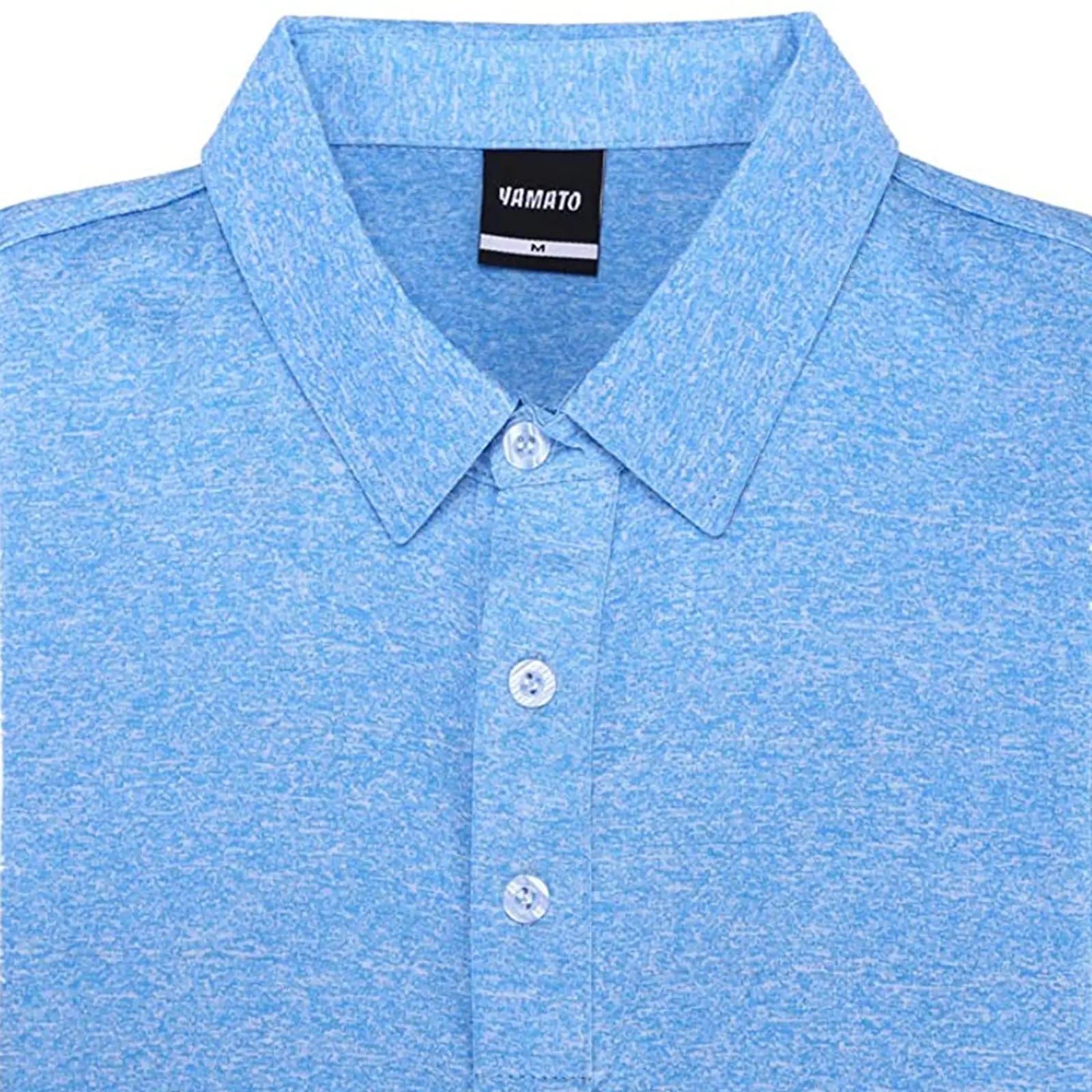 Close-up of the collar of Yamato Men's Slim Fit Golf Polo in light blue.