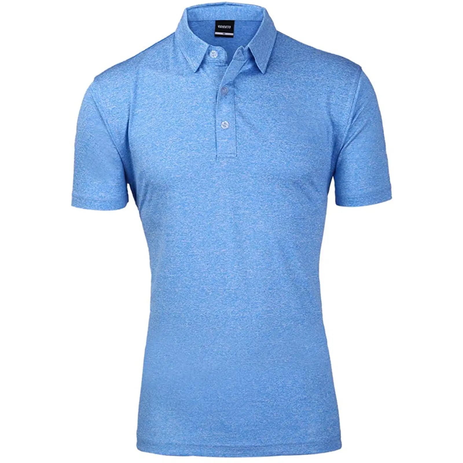 Front view of Yamato Men's Slim Fit Golf Polo in light blue, worn by a model.