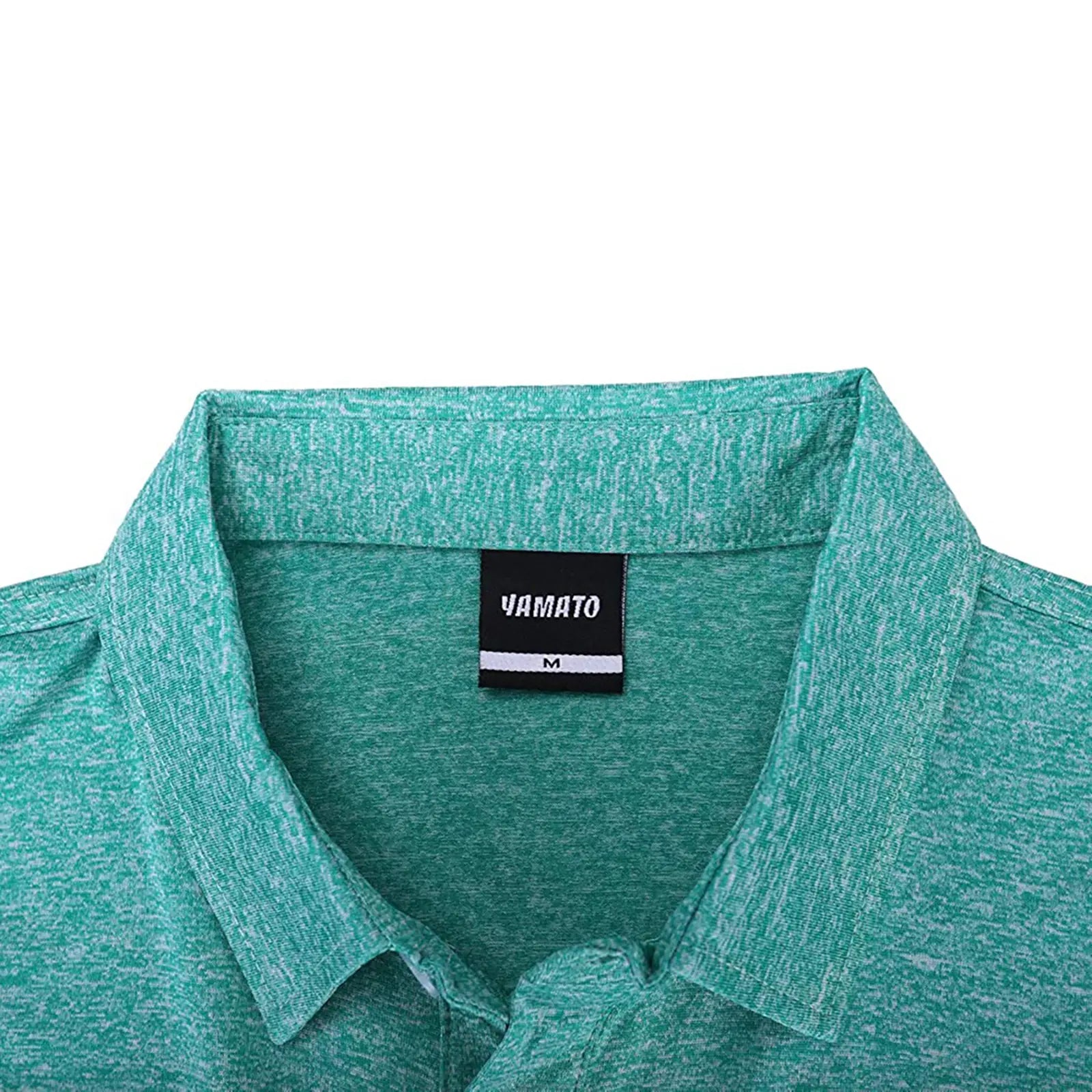 Close-up of brand label inside Yamato Men's Slim Fit Golf Polo in turquoise.